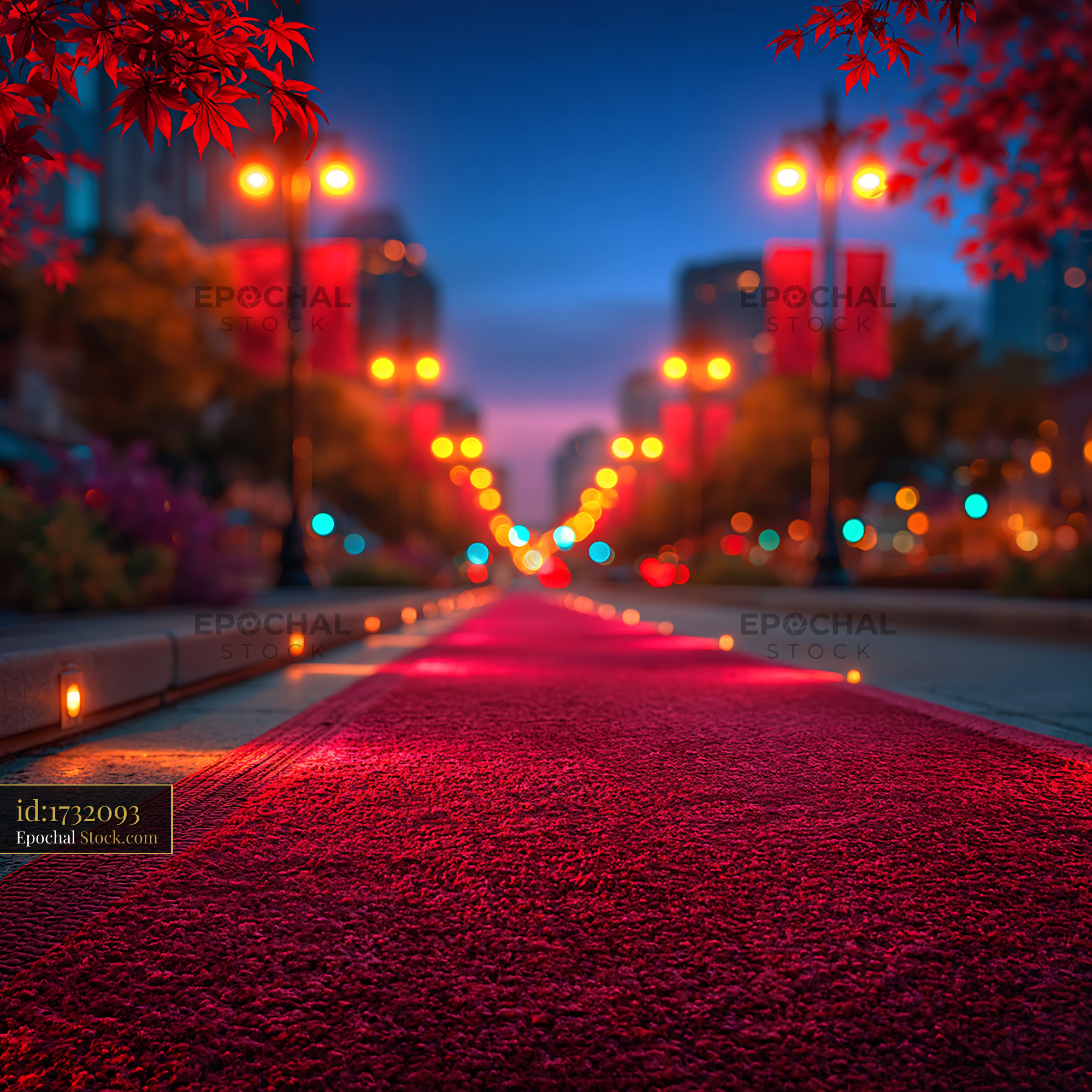 Red carpet on city street with bokeh night street lights - stock photo