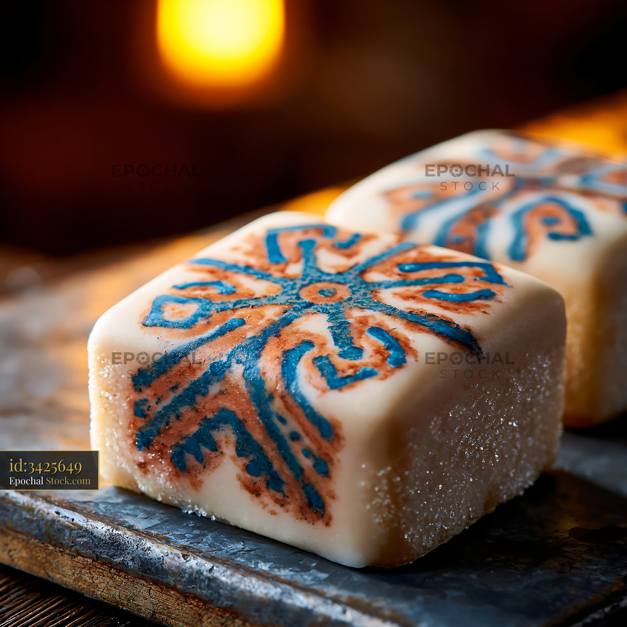 Artisanal marzipan squares with intricate blue patterns in warm light - stock photo
