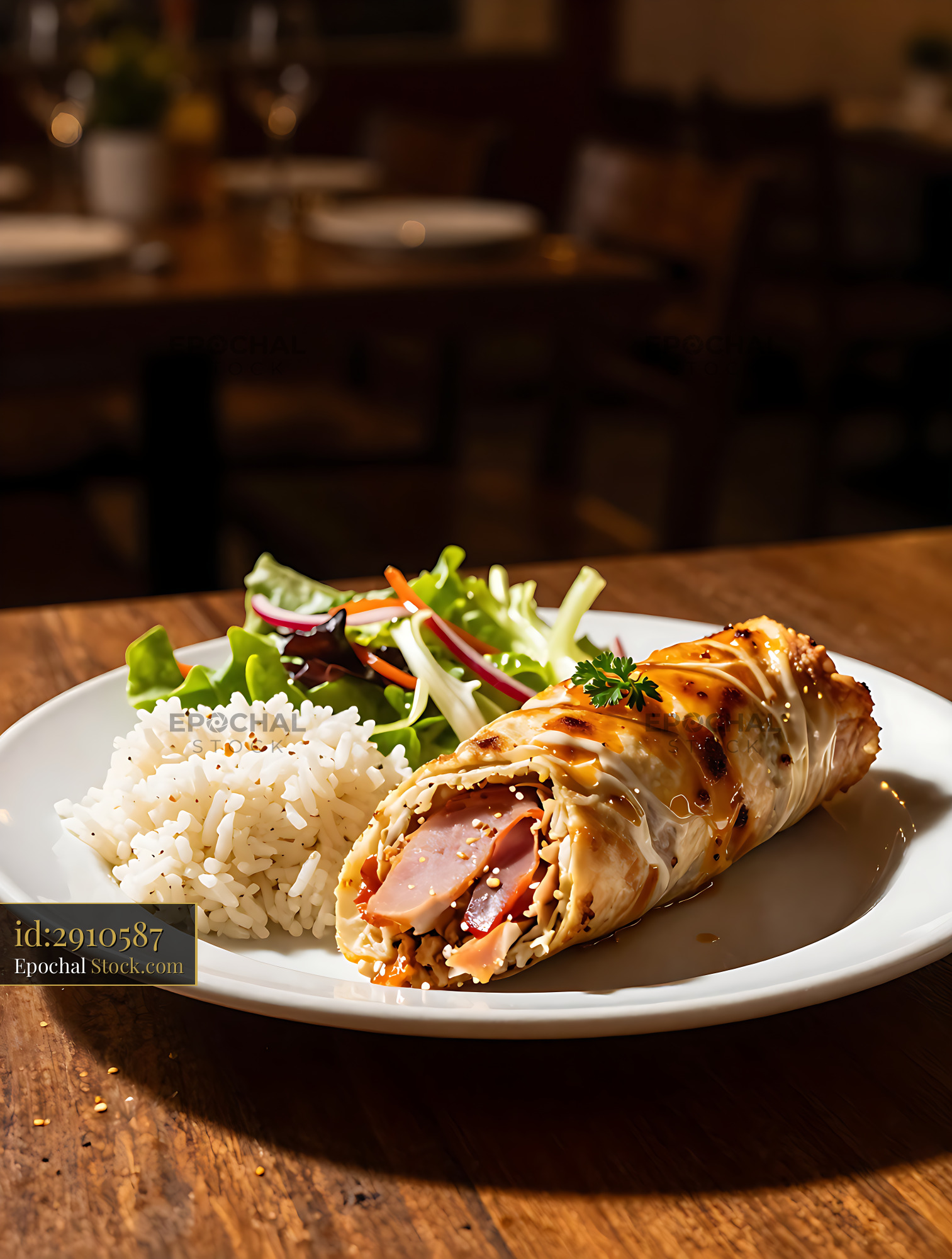 Pamplona de frango com presunto served with rice and fresh salad - stock photo