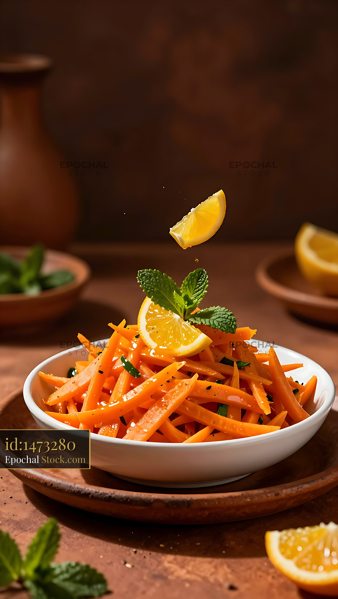 Vibrant Moroccan carrot salad with orange slices and fresh mint - stock photo