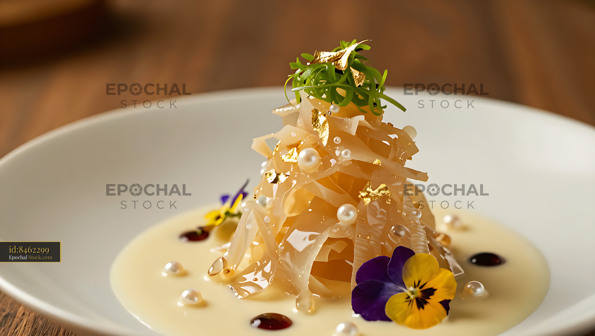 Crystal beef tendon aspic with gold leaf and edible flowers - stock photo