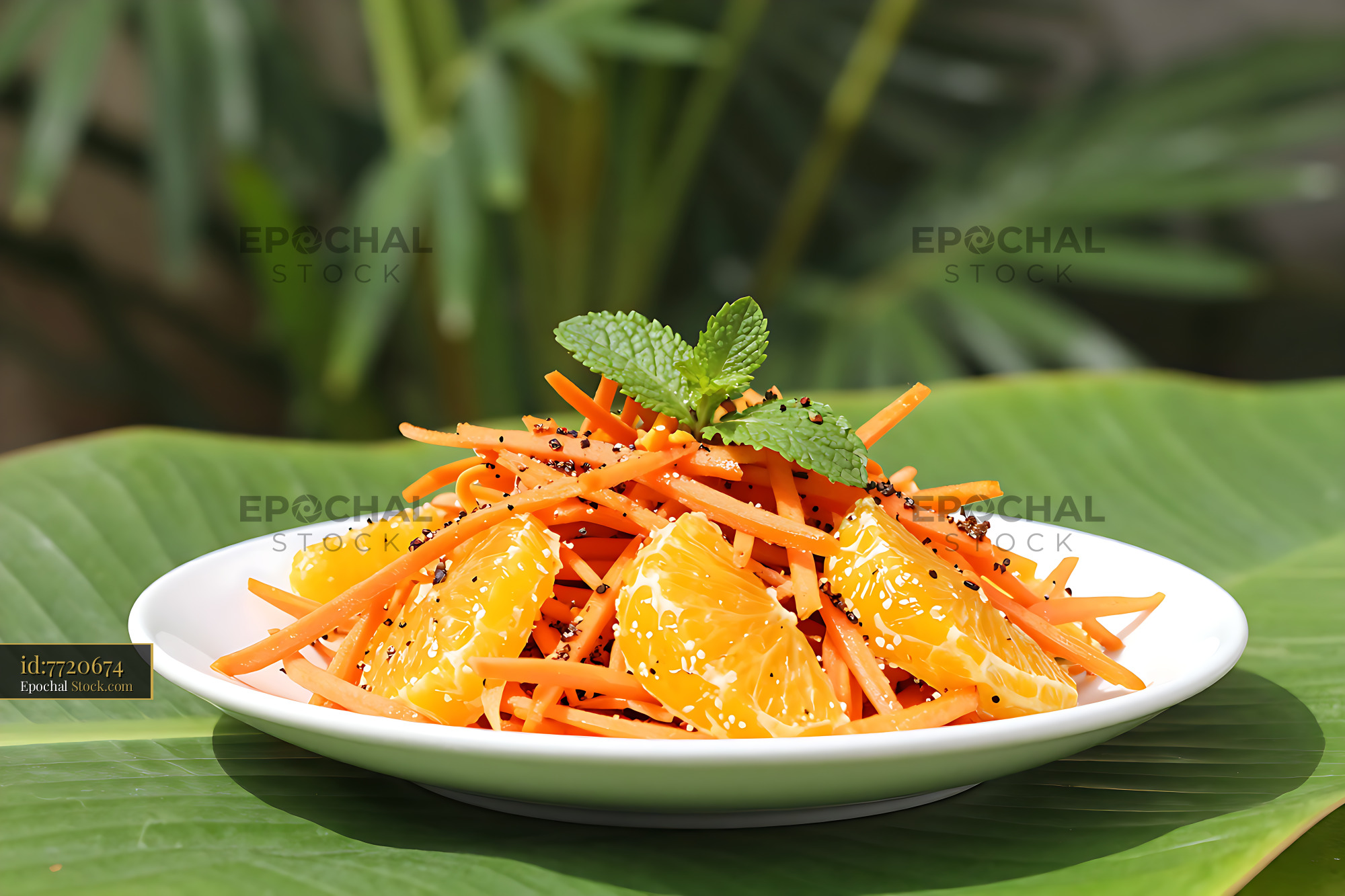 Moroccan carrot salad with orange slices and mint on a green leaf - stock photo