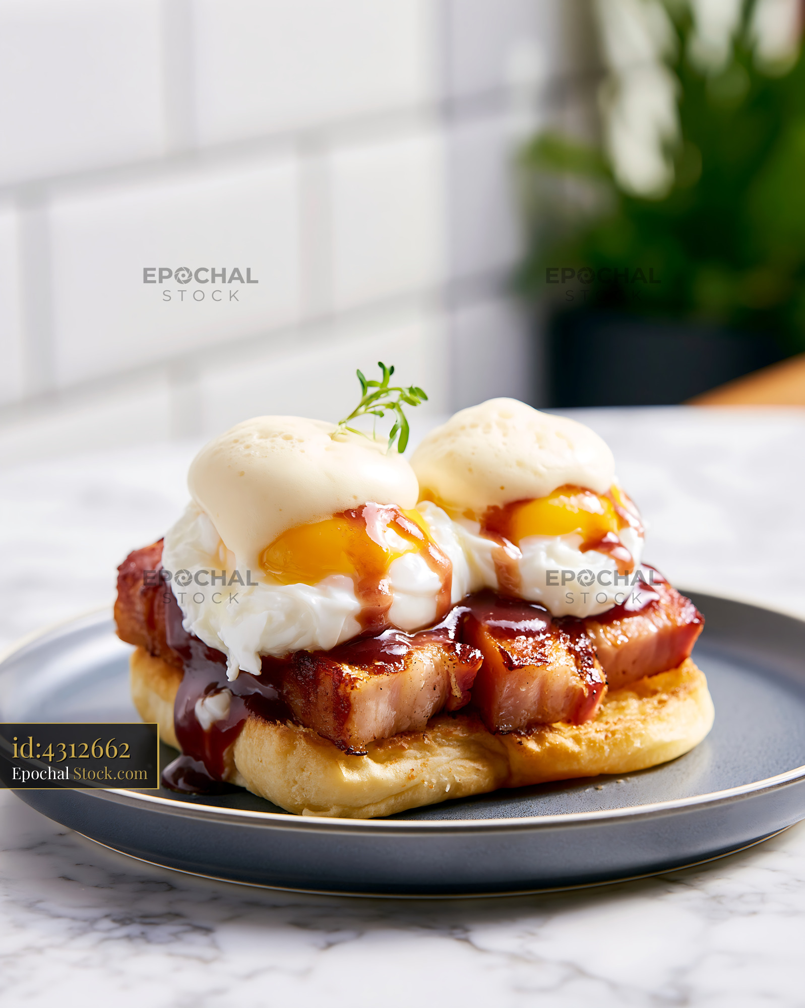 Eggs hussarde with poached eggs and thick cut ham on a marble table - stock photo