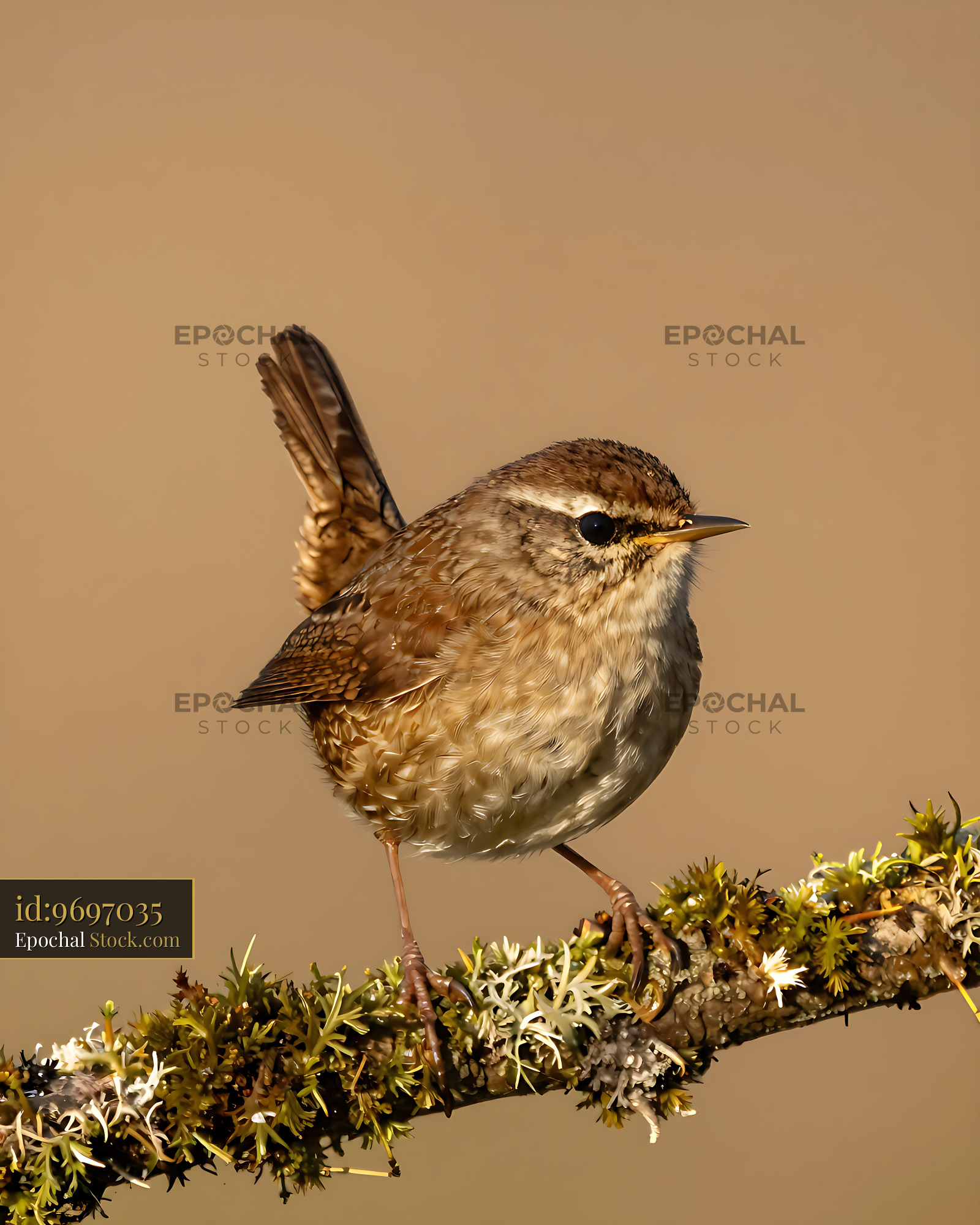 Small Eurasian Wren perched on a mossy branch in soft golden light - stock photo