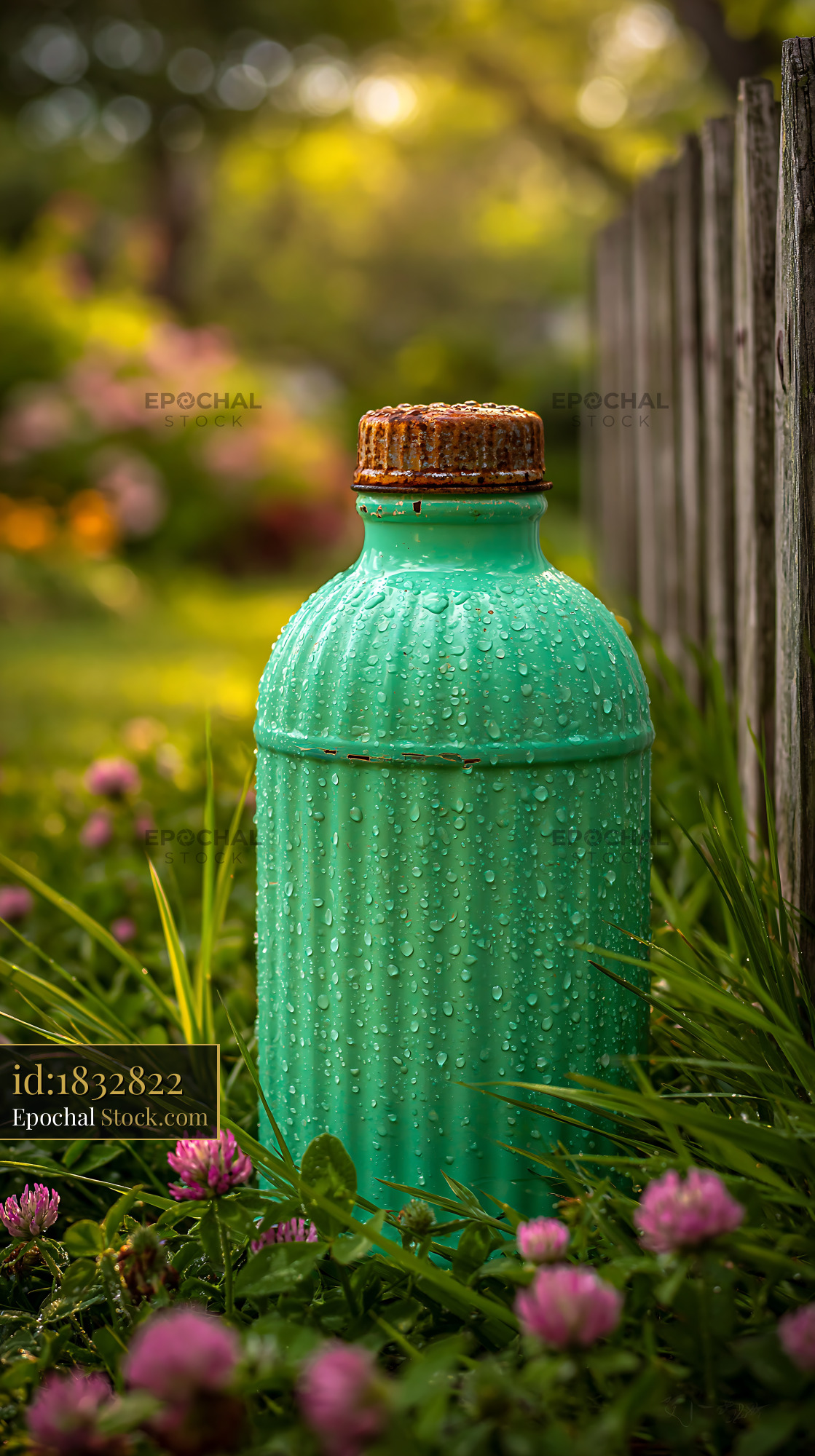 Vintage turquoise thermos with rusty lid in spring grass and clover