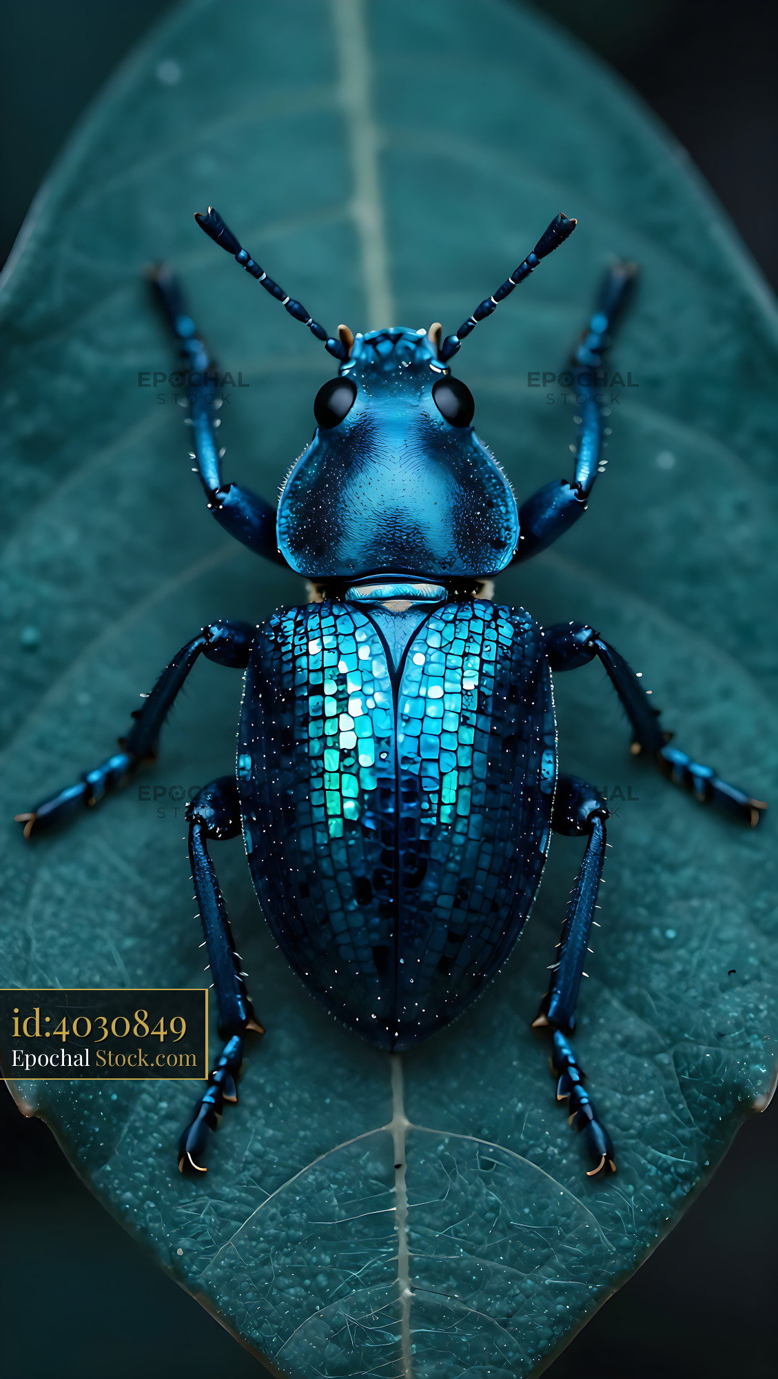 Schoenherr's Blue Weevil with iridescent shell on a green leaf - stock photo
