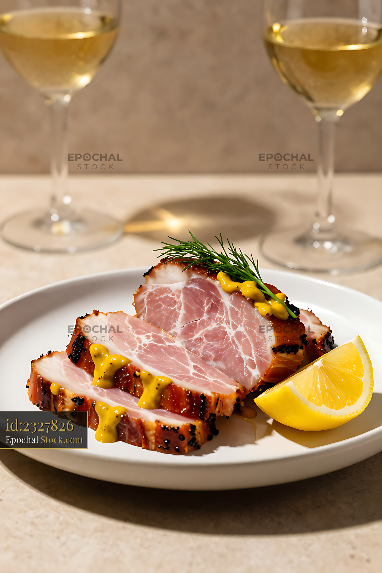 Slices of traditional Swedish boiled ham with mustard sauce and dill - stock photo