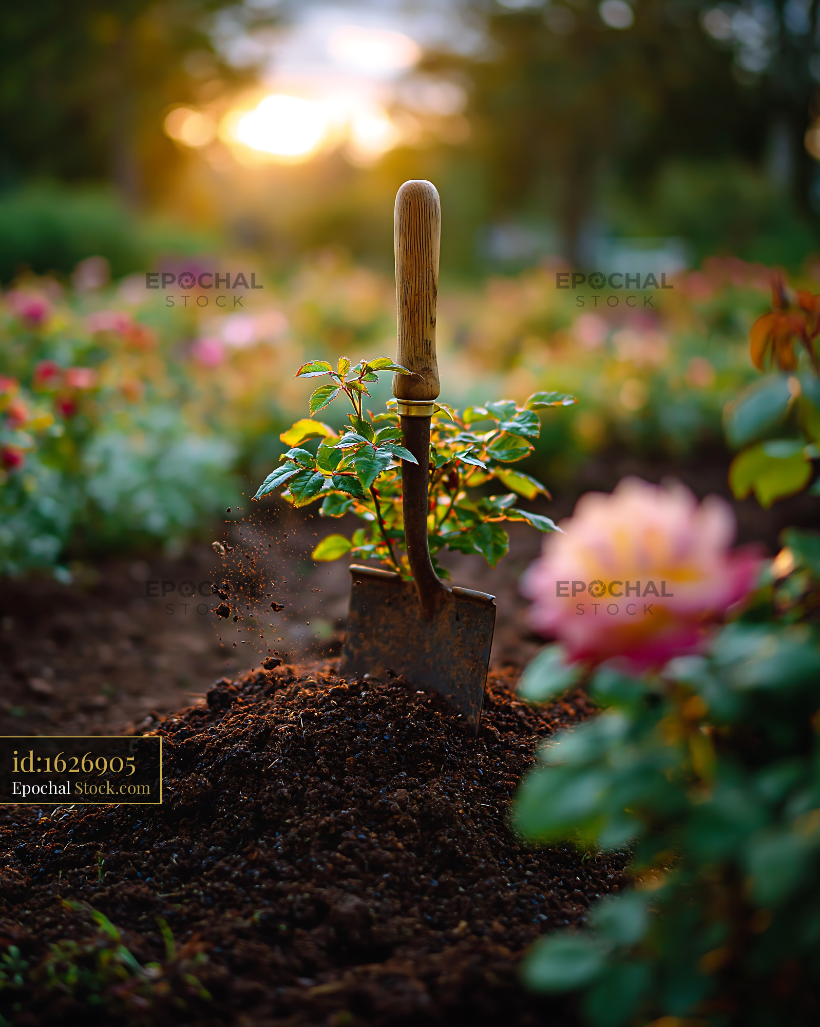 Small rose plant and garden spade in fertile soil during golden hour - stock photo