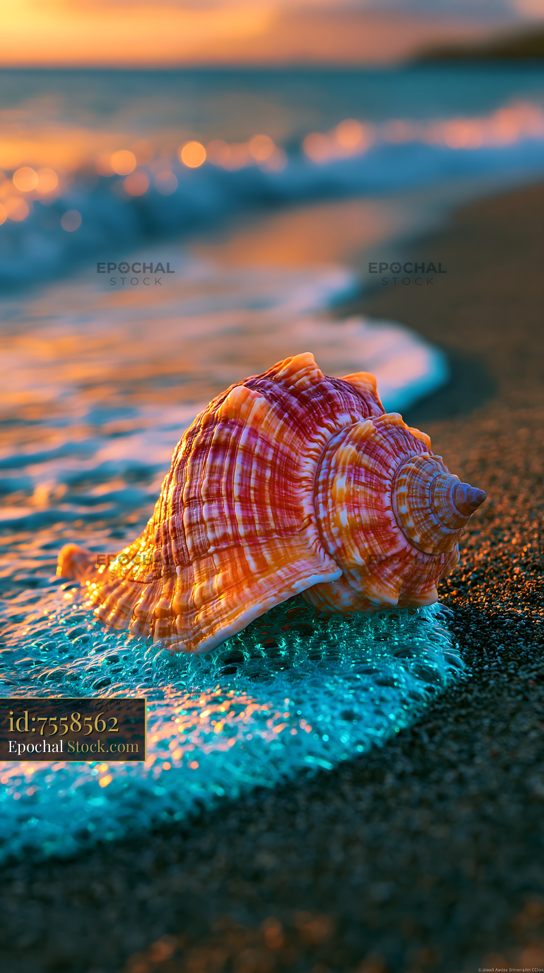 Large seashell on a beach with bioluminescent waves at sunset - stock photo