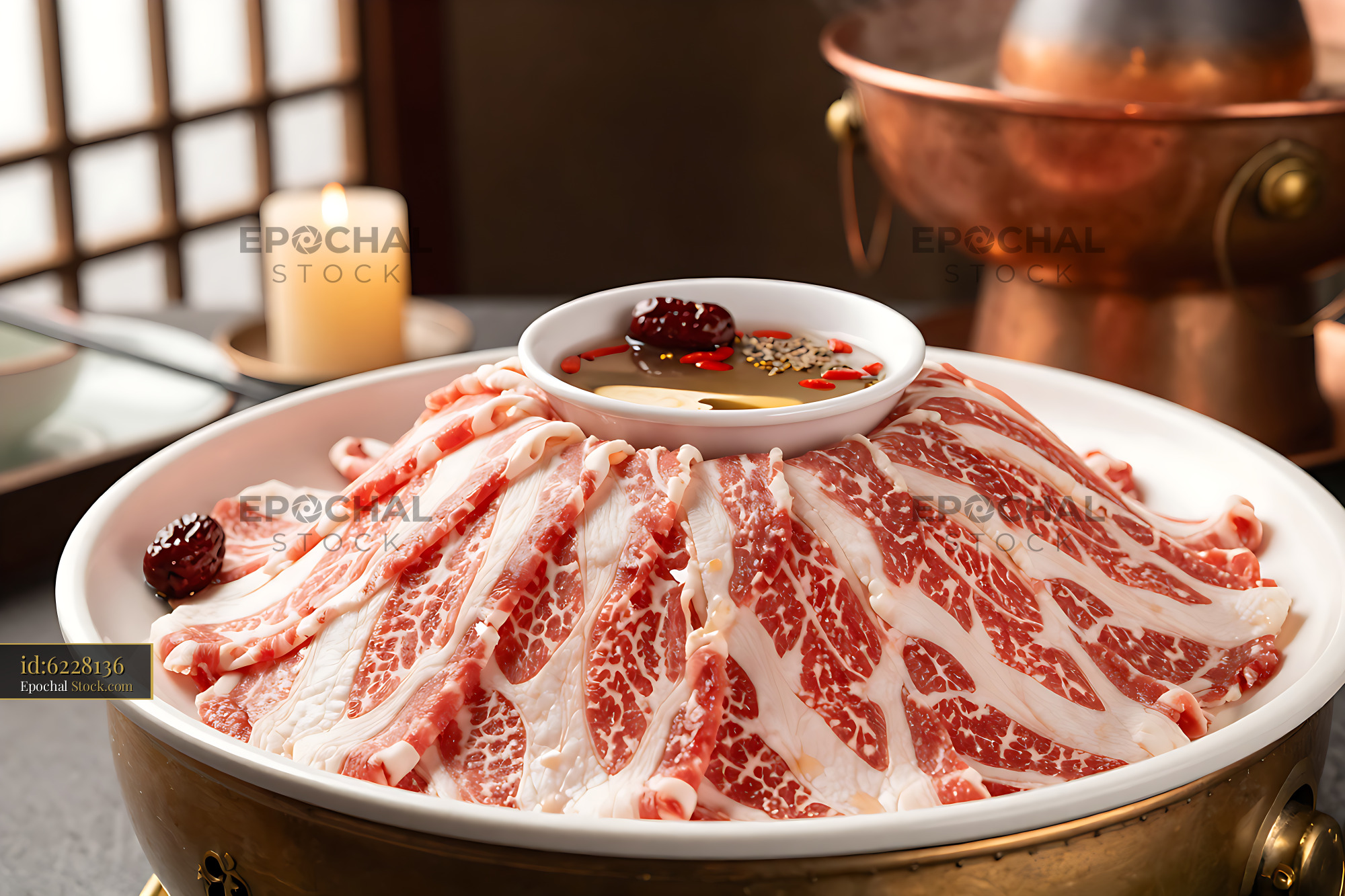 Thinly sliced A5 wagyu beef for traditional Mongolian hot pot with goj - stock photo