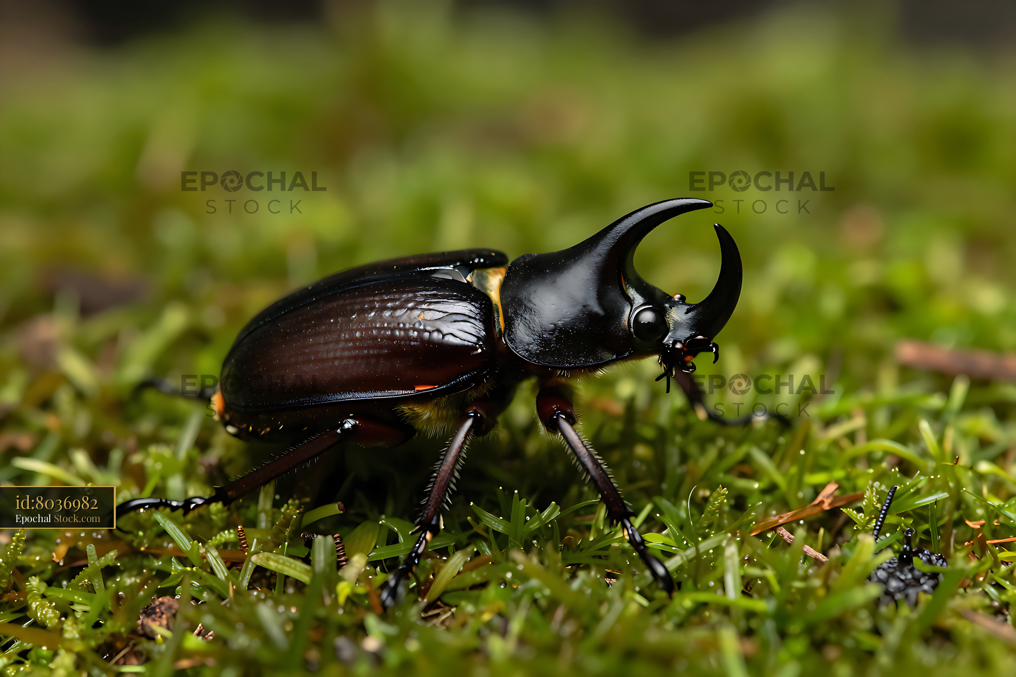 Atlas beetle crawling on lush green moss in a natural habitat - stock photo