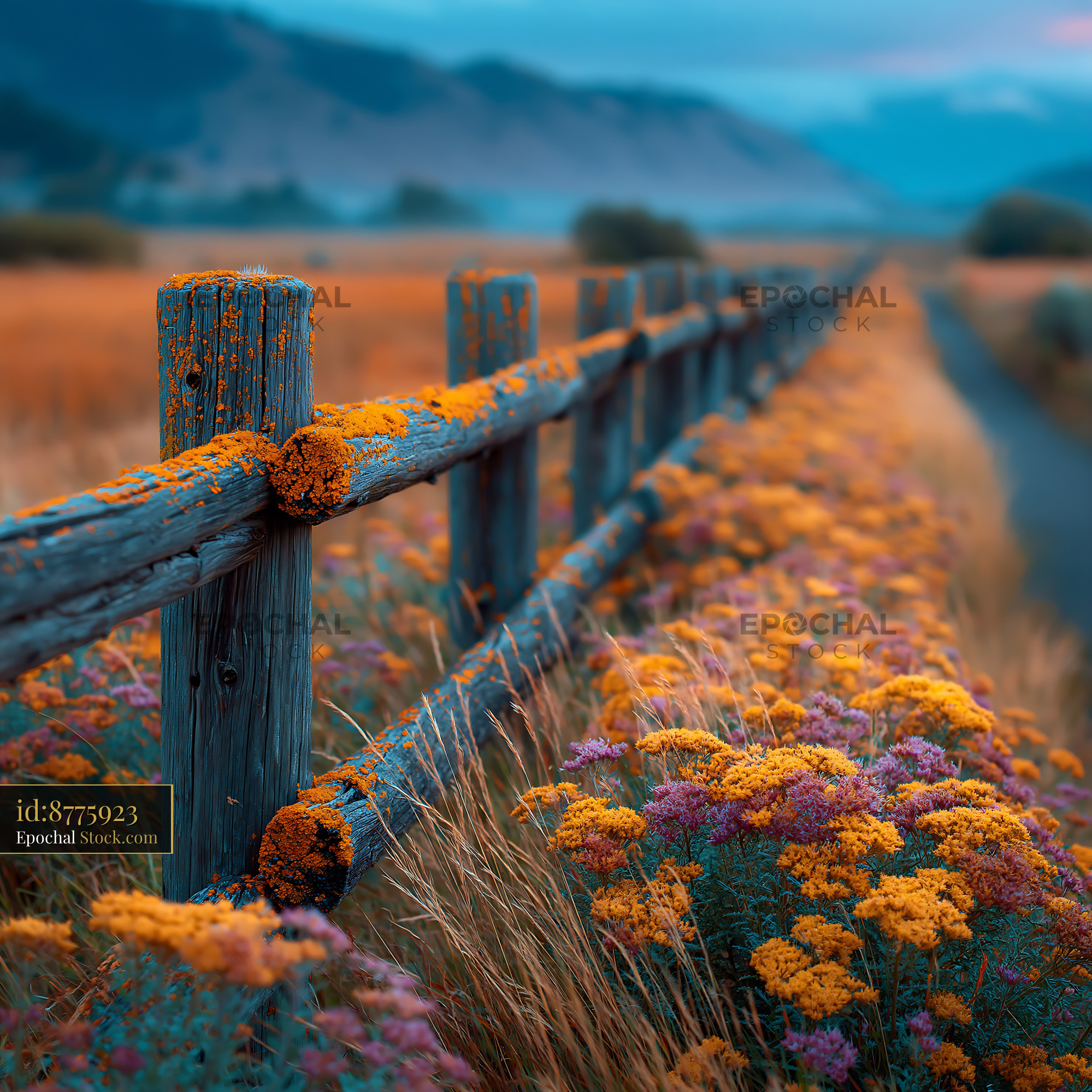 Rustic wooden fence with orange lichen in a mountain meadow - stock photo