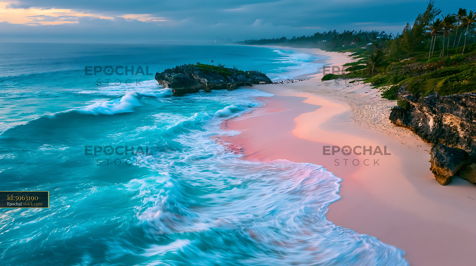 Tropical beach with turquoise waves and pink sand at twilight - stock photo