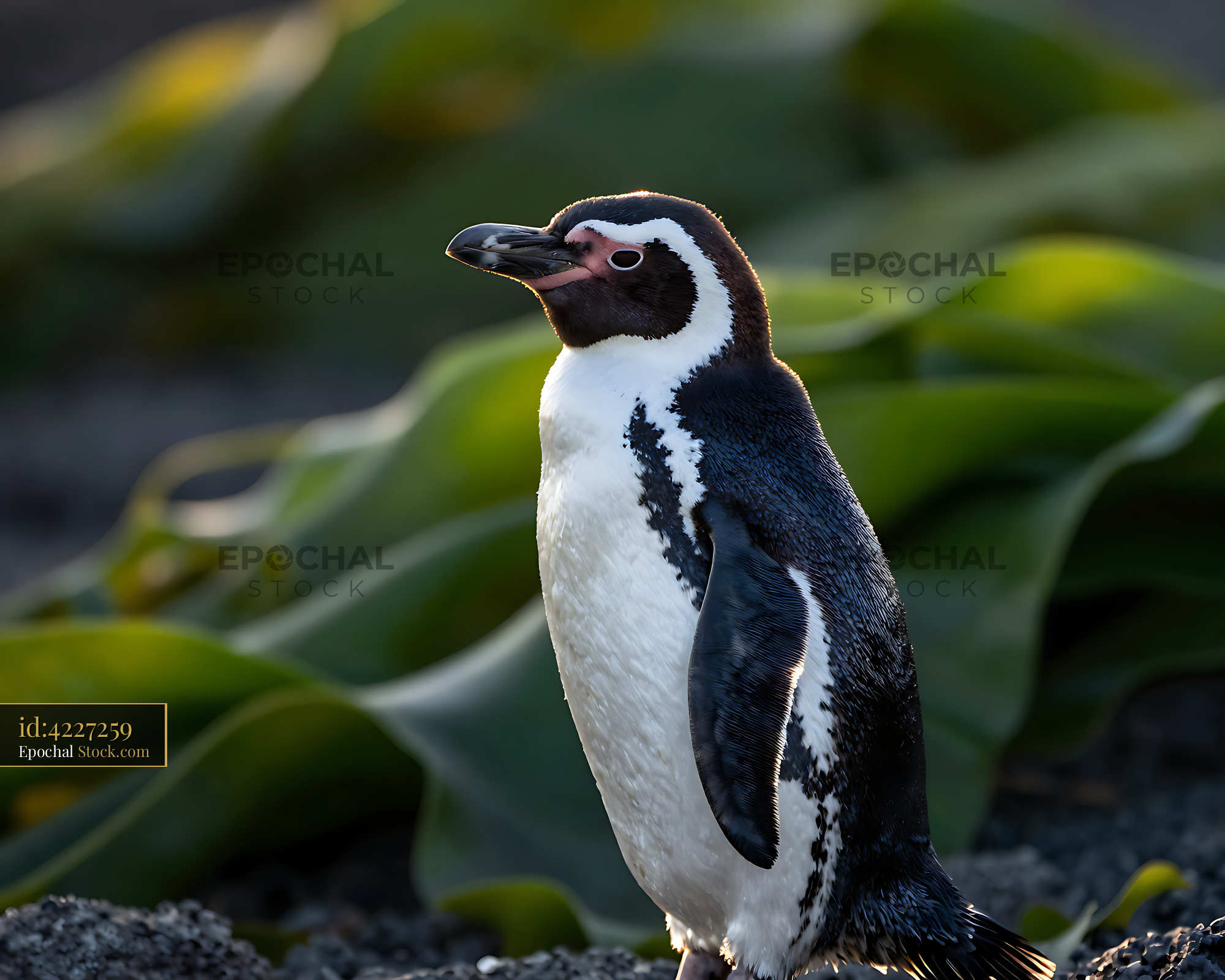 Galapagos penguin standing on volcanic rocks during golden hour - stock photo