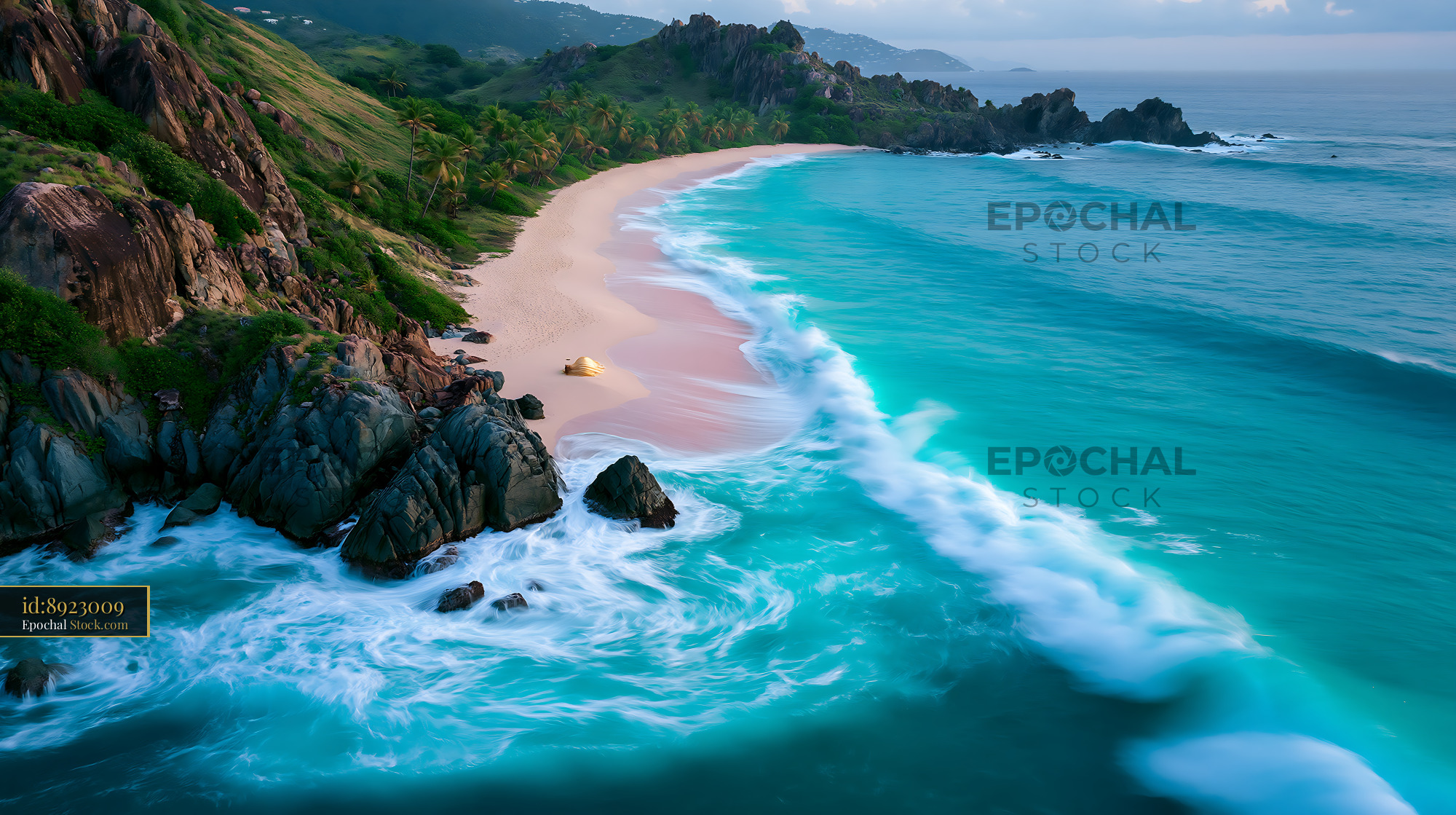 Aerial view of a secluded tropical beach with turquoise waves - stock photo