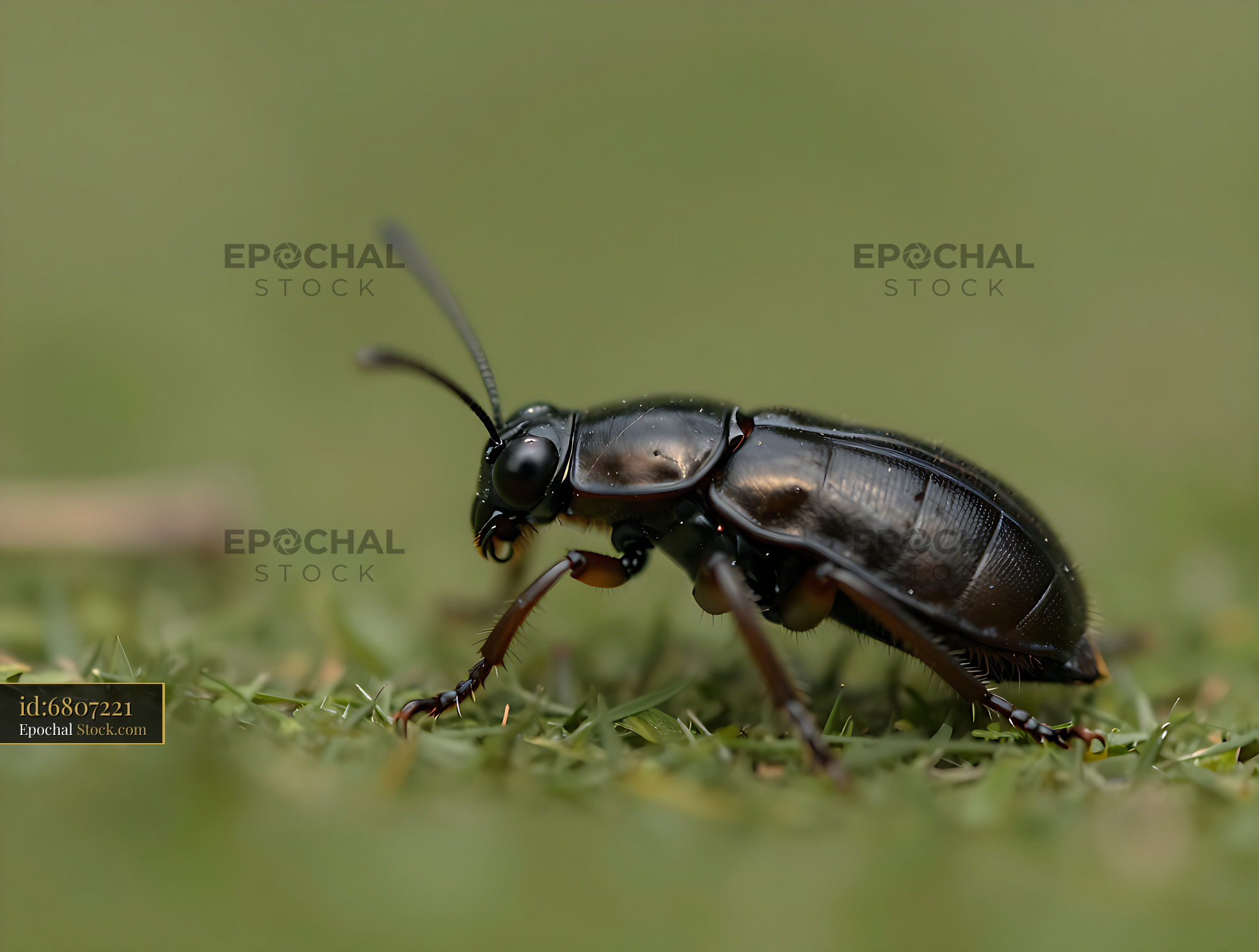 Ground beetle Carabus auronitens crawling through green grass - stock photo