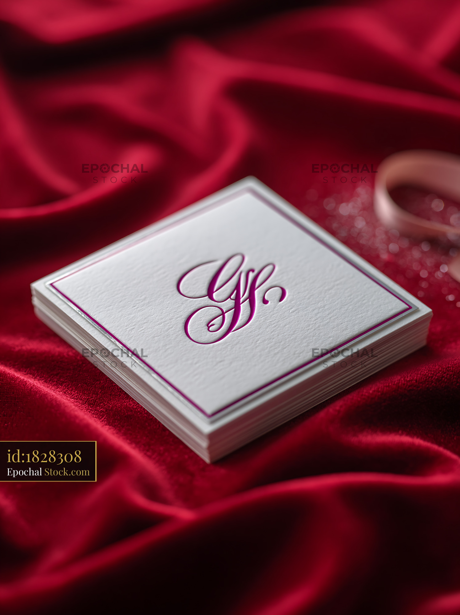 Elegant invitation card on red velvet with purple embossed monogram - stock photo