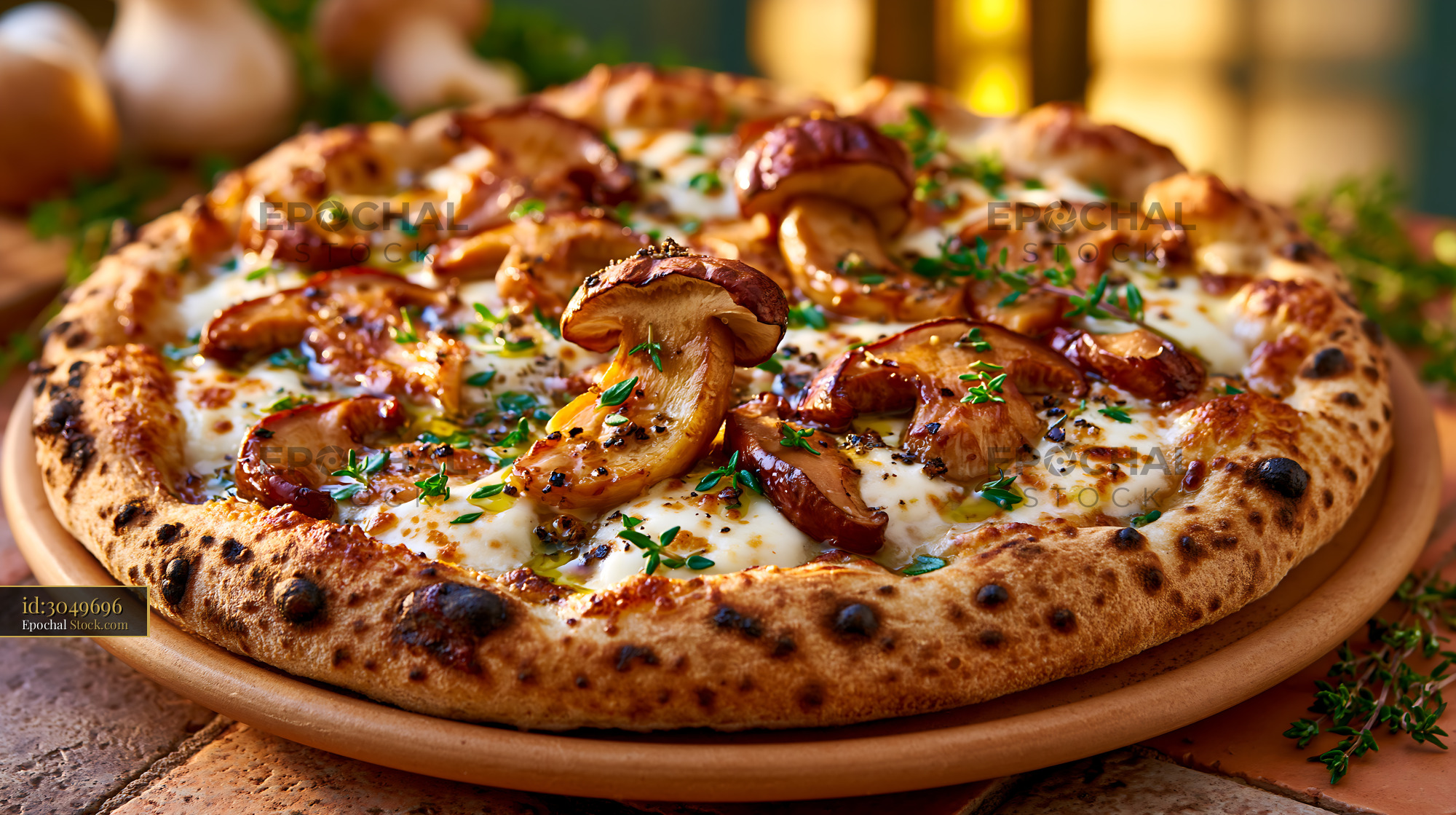 Porcini mushroom pizza with melted mozzarella and fresh thyme - stock photo