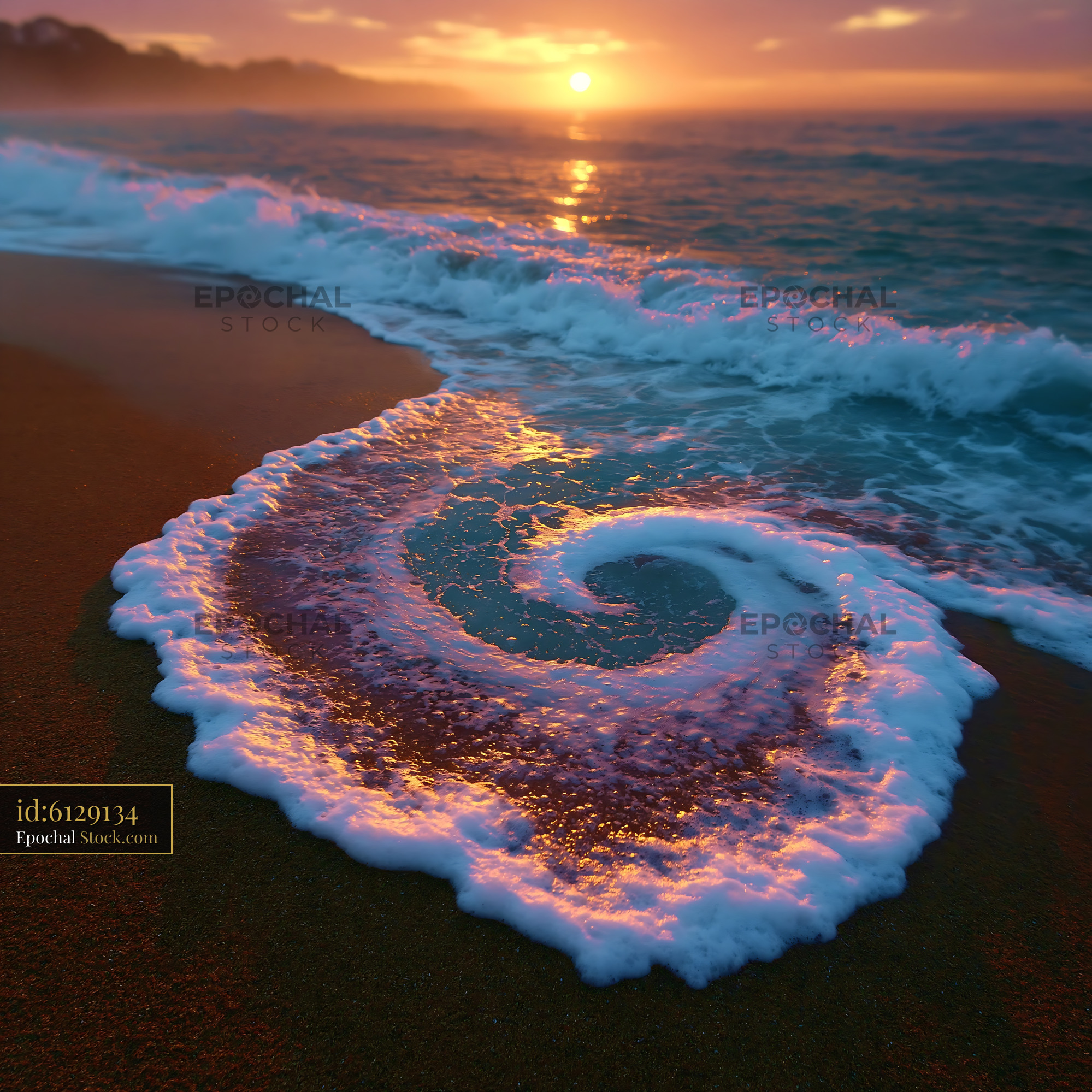 Sunset foam art on a sandy beach during golden hour - stock photo