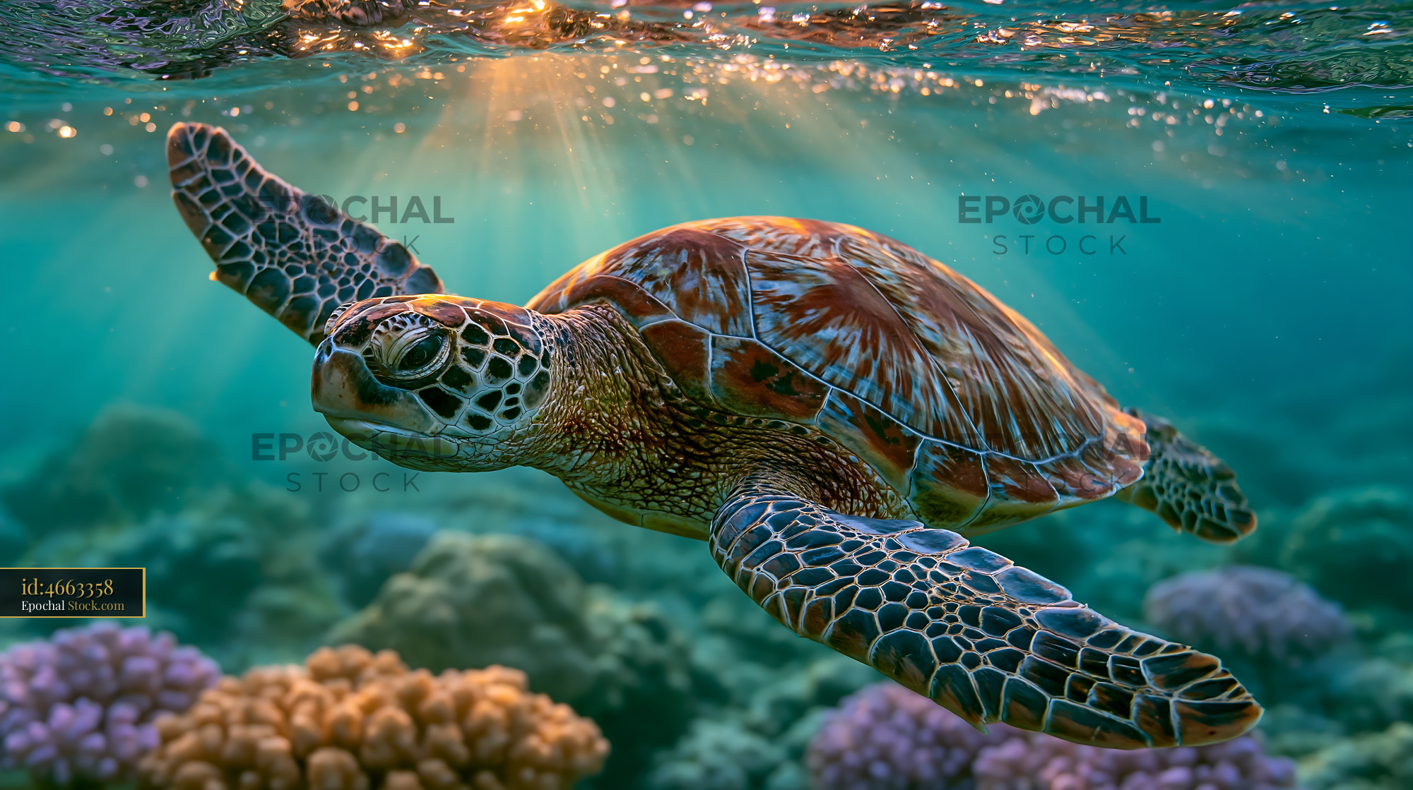 Sea turtle swimming through coral reef under golden sunlight - stock photo