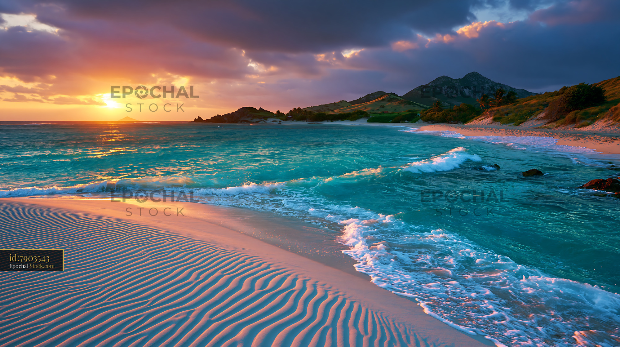 Tropical beach with turquoise water and sand ripples at sunrise - stock photo
