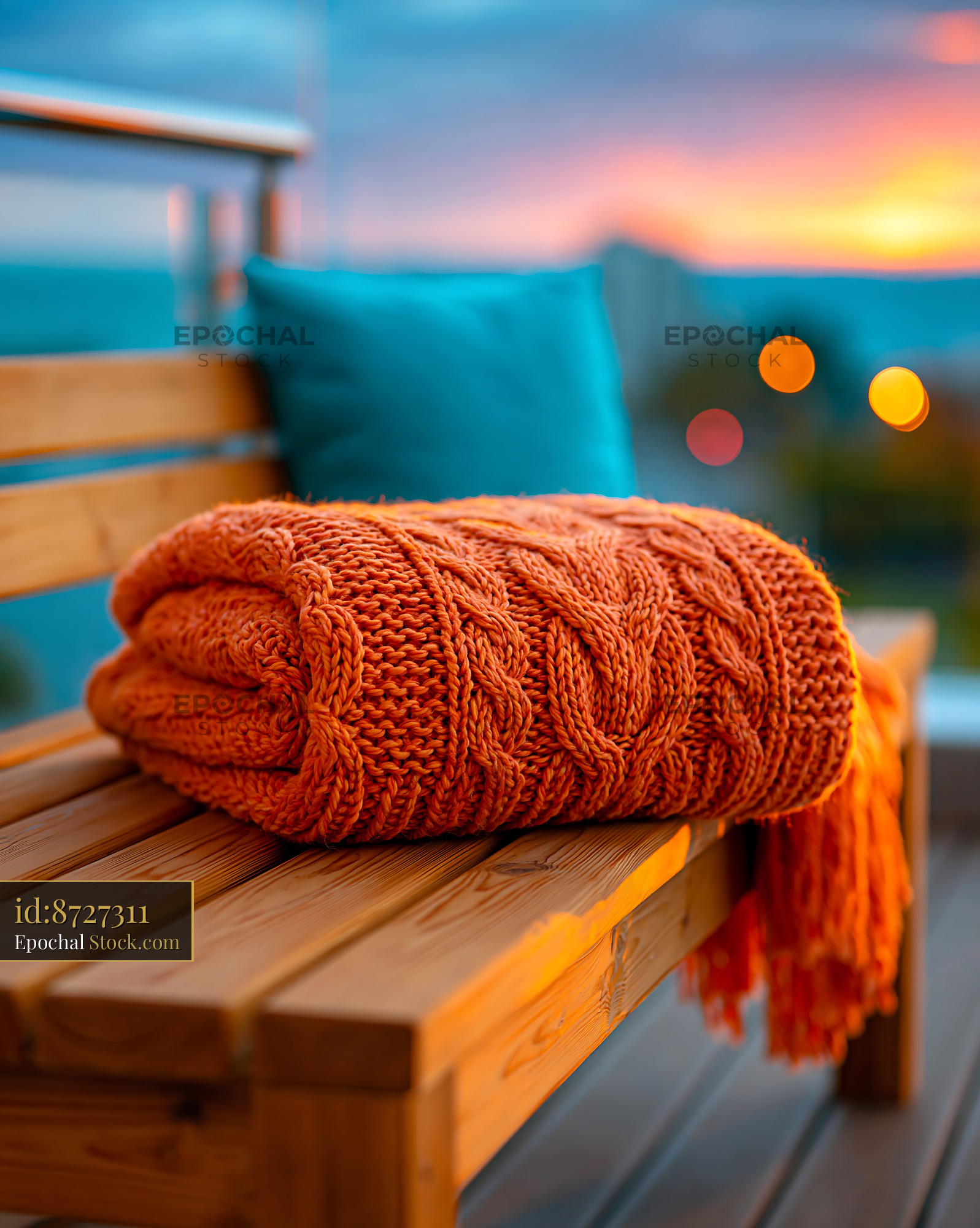 Orange knitted blanket on a wooden balcony bench at sunset - stock photo