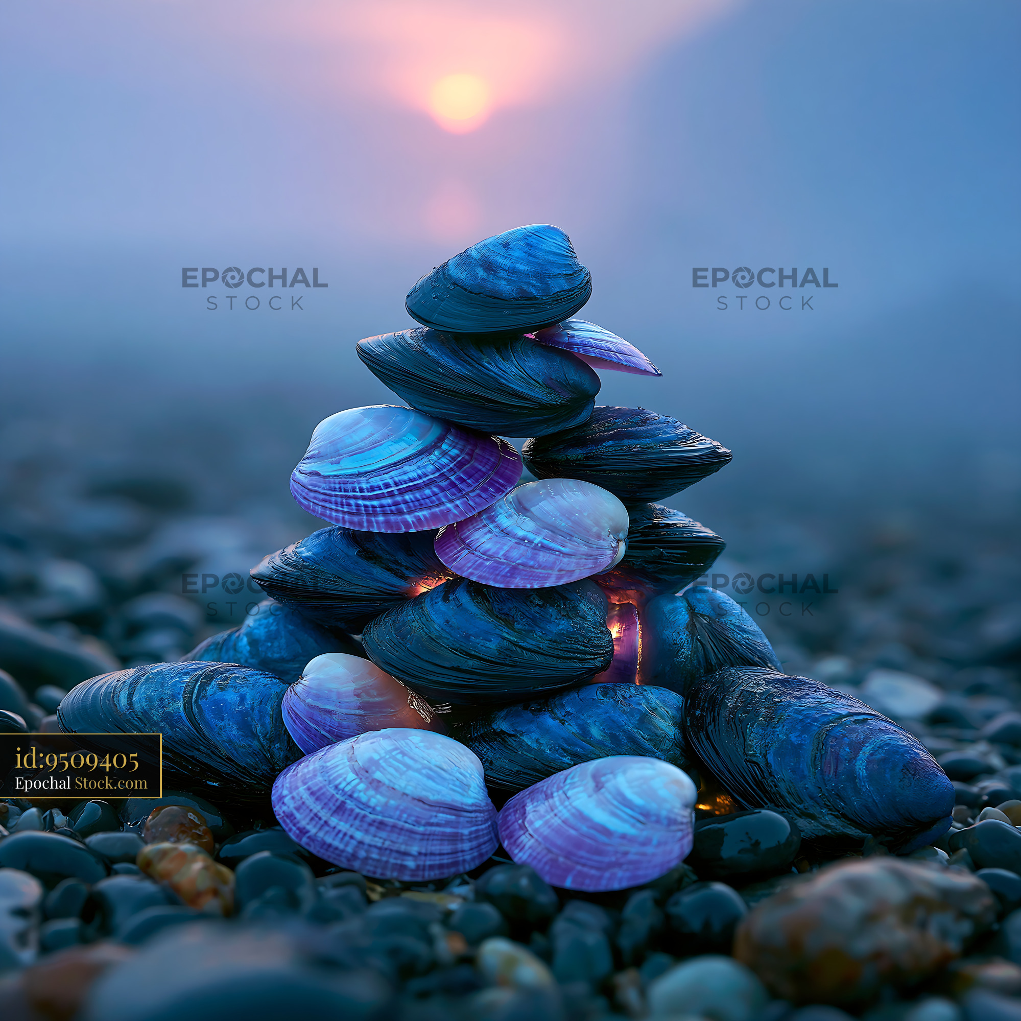 Stacked iridescent shells on a pebble beach at sunset - stock photo