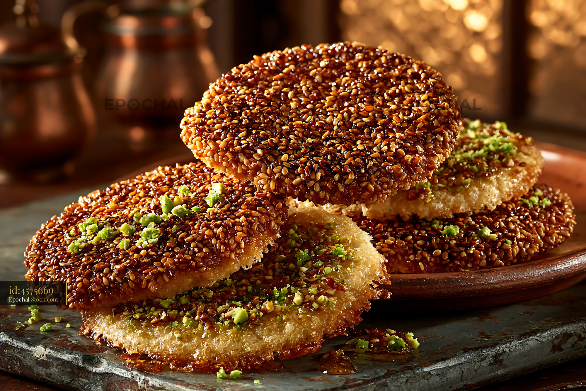 Traditional Syrian barazek sesame biscuits topped with pistachios - stock photo