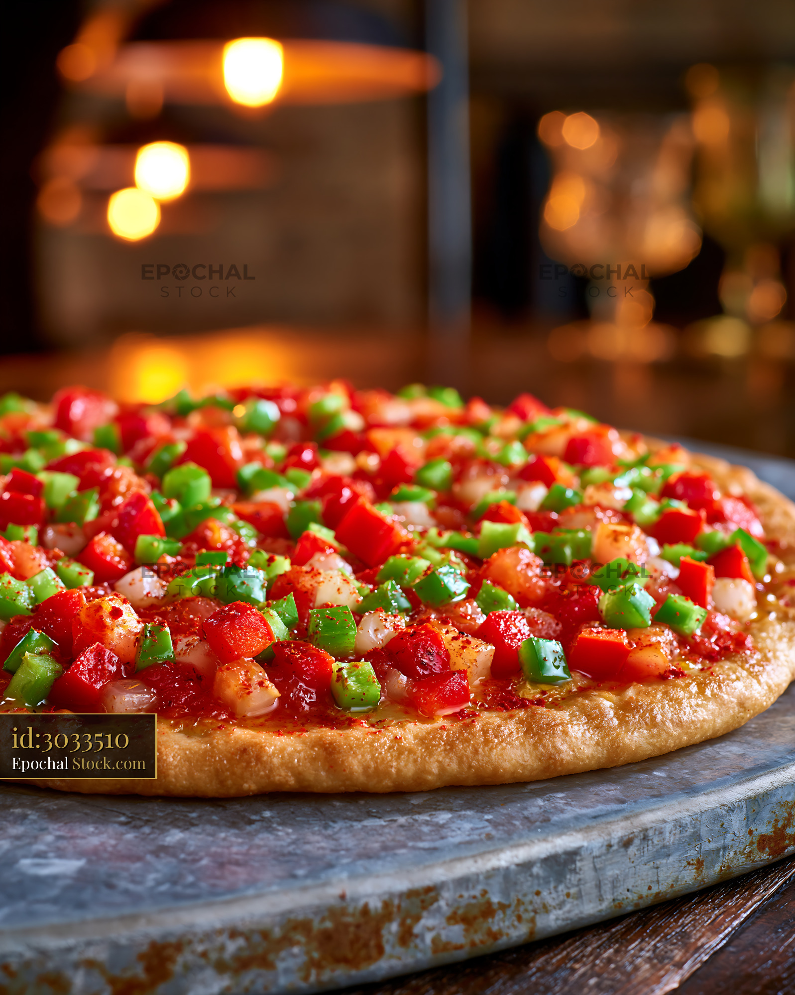 Coca de tremp pizza with colorful peppers and onions on a rustic tray - stock photo