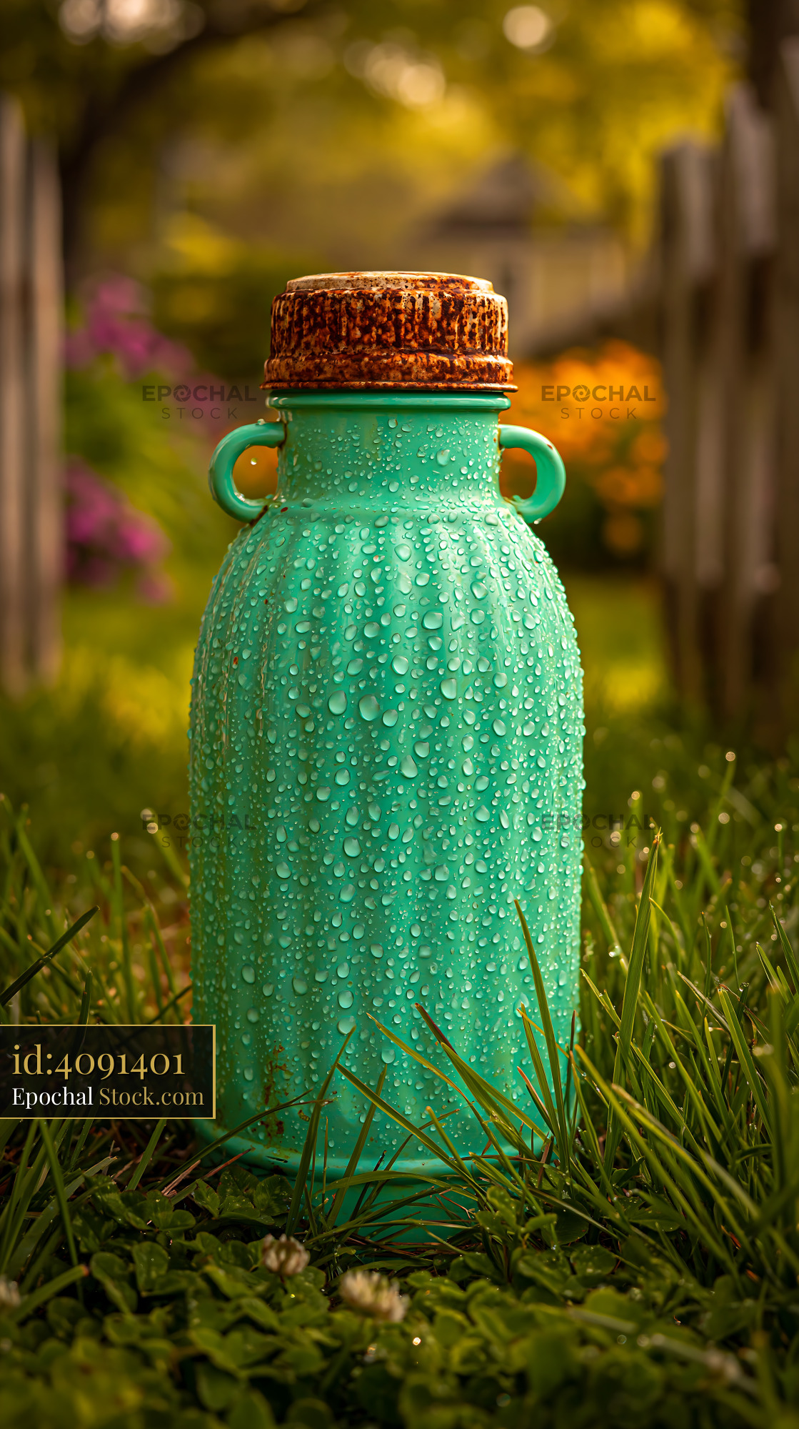 Vintage turquoise milk can with water droplets in a sunny garden