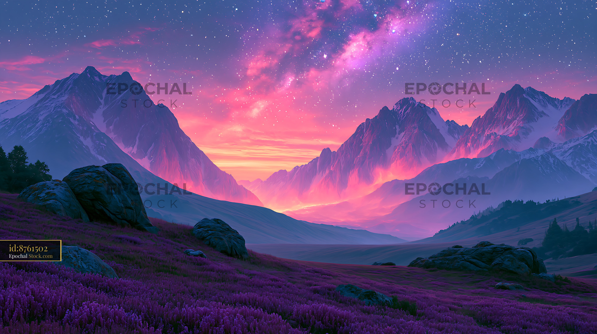 Majestic K2 mountain peaks under a vibrant purple starry night sky - stock photo