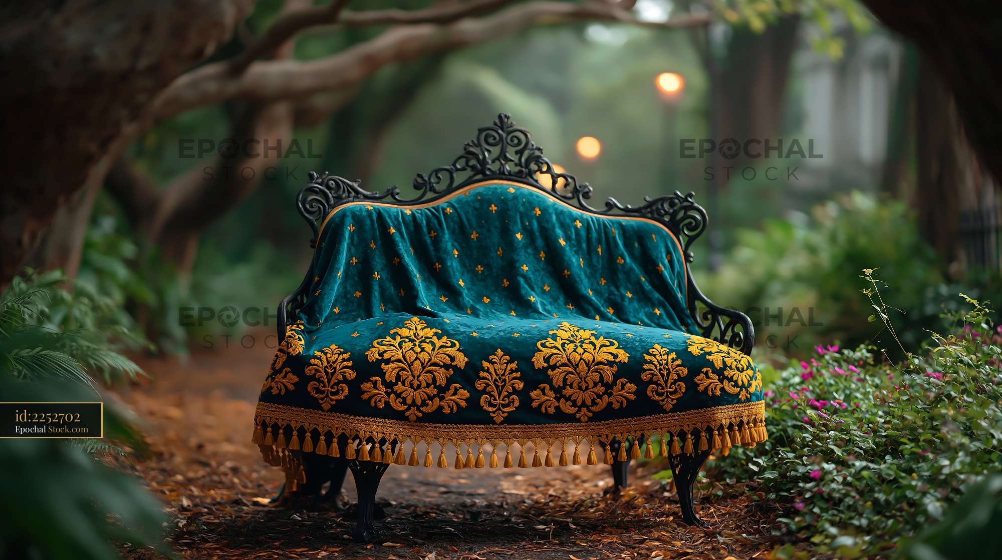 Ornate vintage bench with patterned blanket park seat in a misty park
