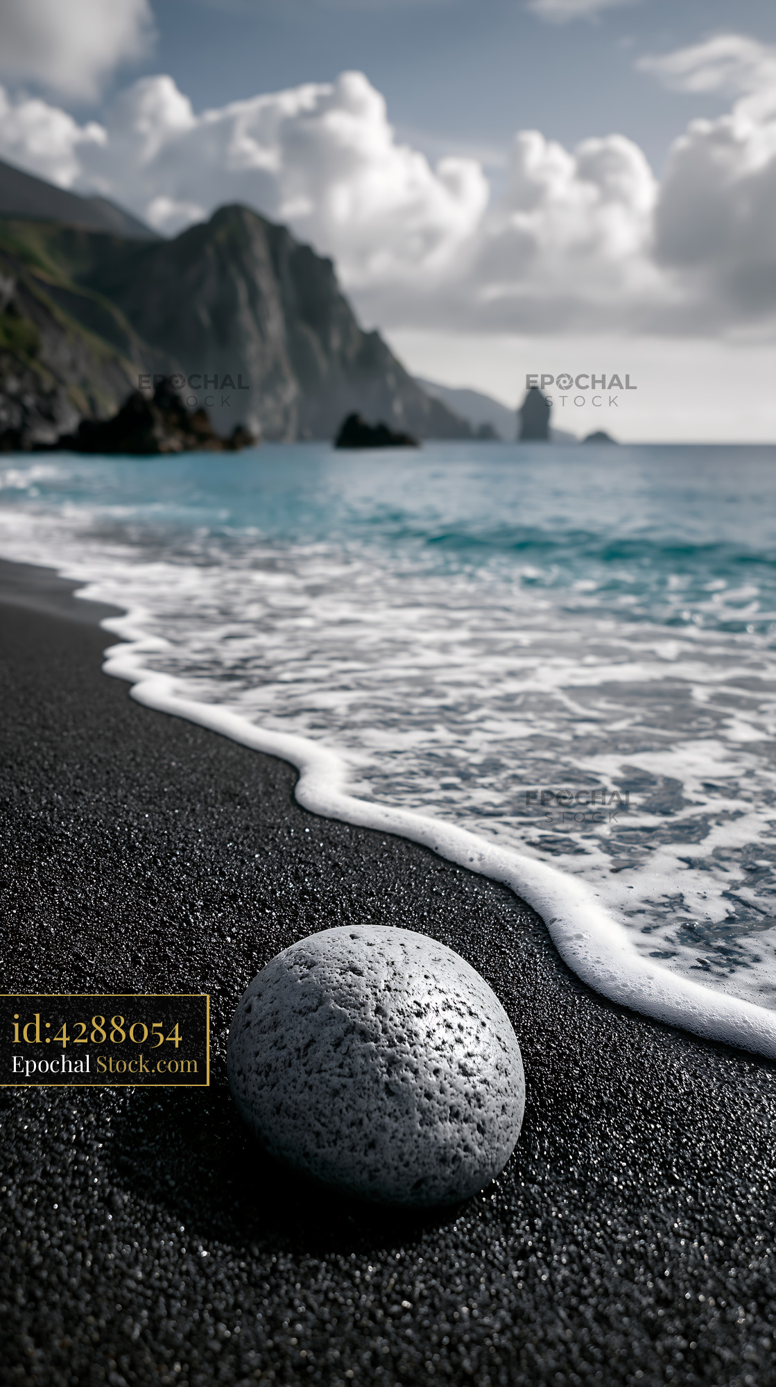 Volcanic stone on black sand at Ribeira Grande beach in the Azores - stock photo