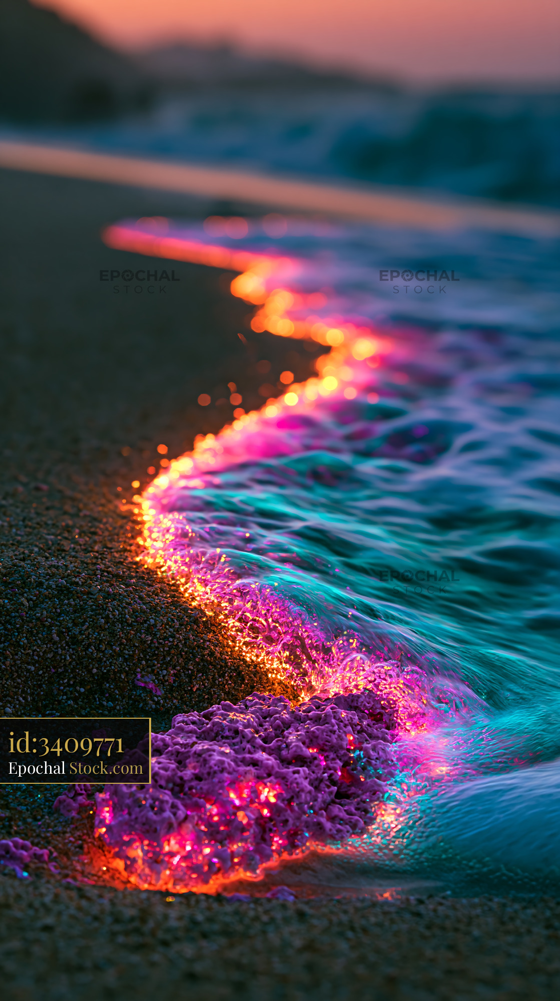 Bioluminescent waves with neon pink glow washing onto a sandy beach - stock photo