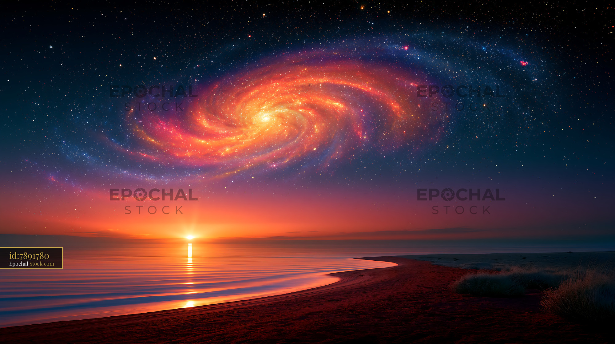 Vibrant spiral galaxy over a tranquil beach at sunset - stock photo
