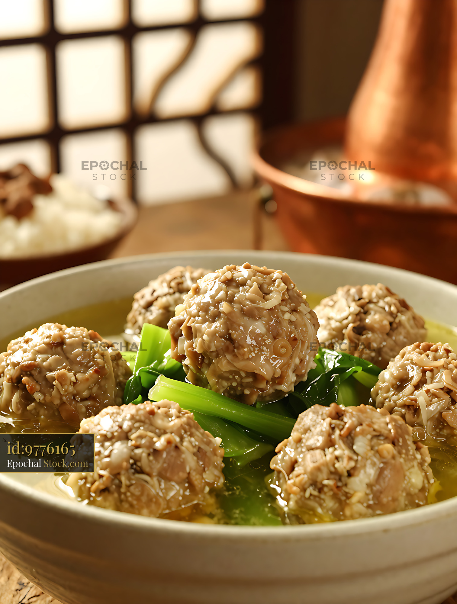 Traditional Shanghai cao tou quan zi with meatballs and greens - stock photo