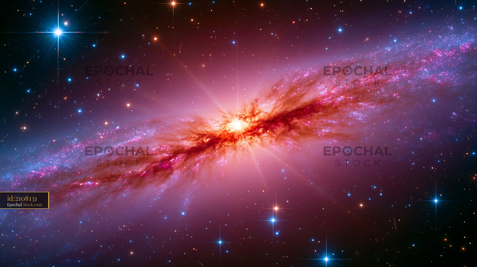 Vibrant M82 starburst galaxy with glowing red filaments in deep space - stock photo