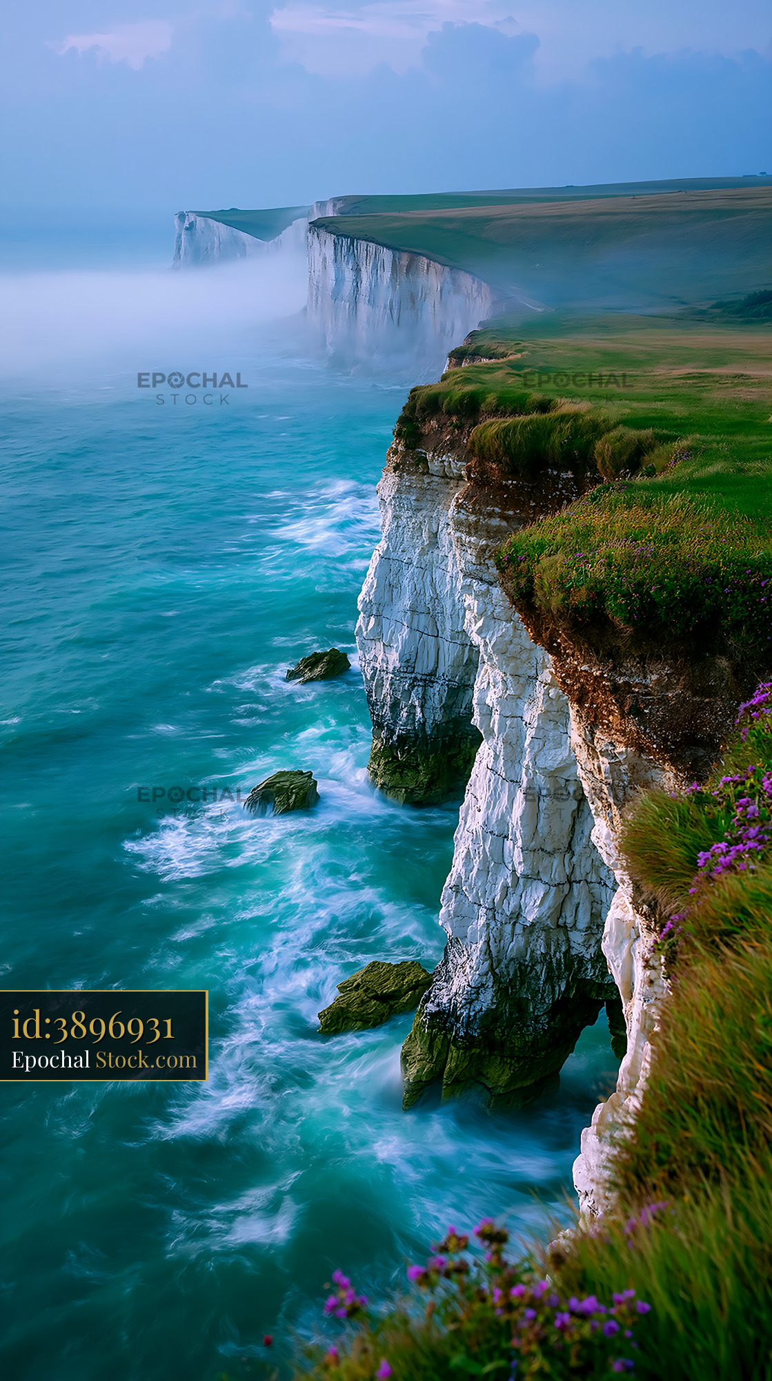 White chalk cliff coastline overlooking turquoise sea with morning mis - stock photo