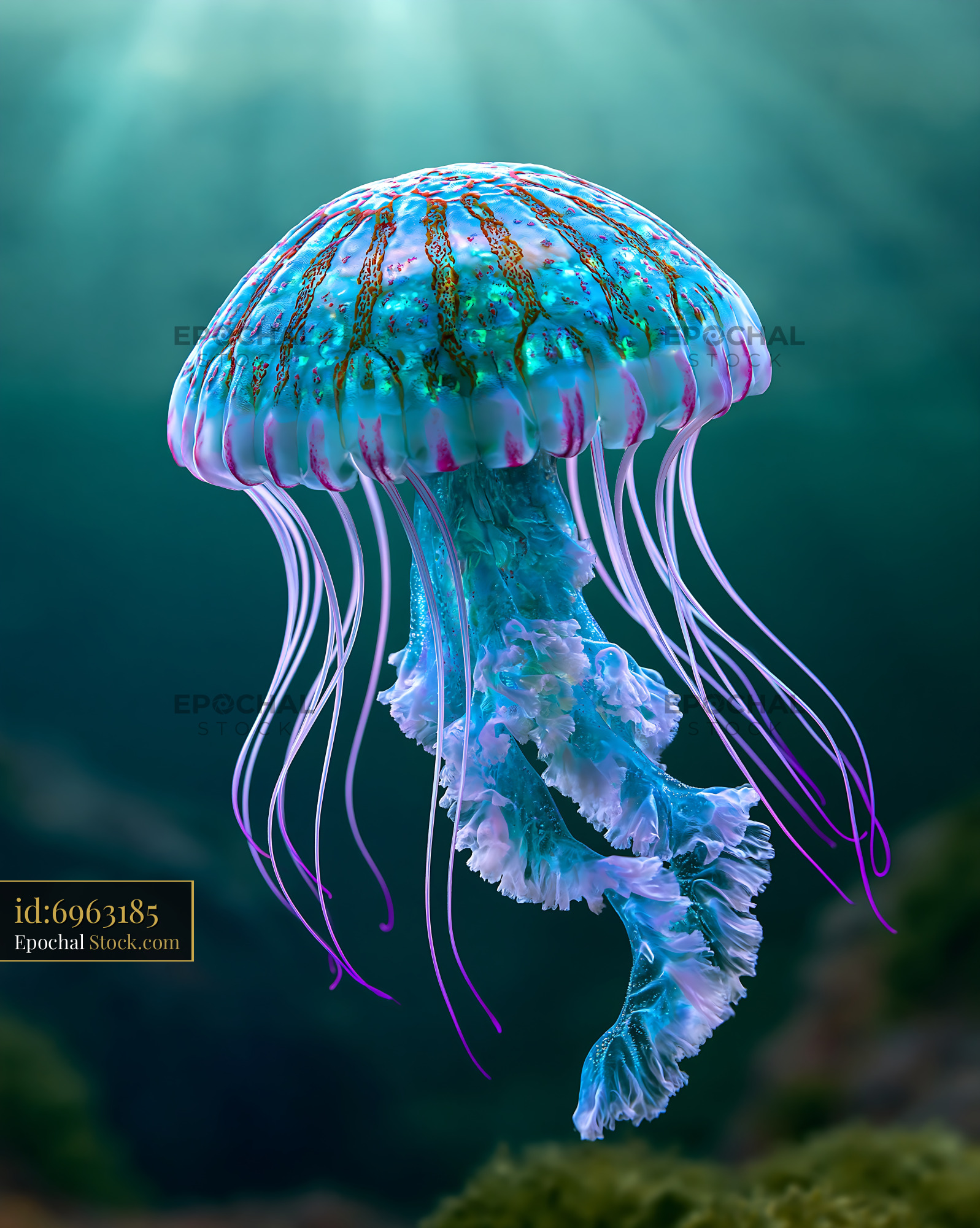 Bioluminescent jellyfish floating in deep blue ocean water - stock photo