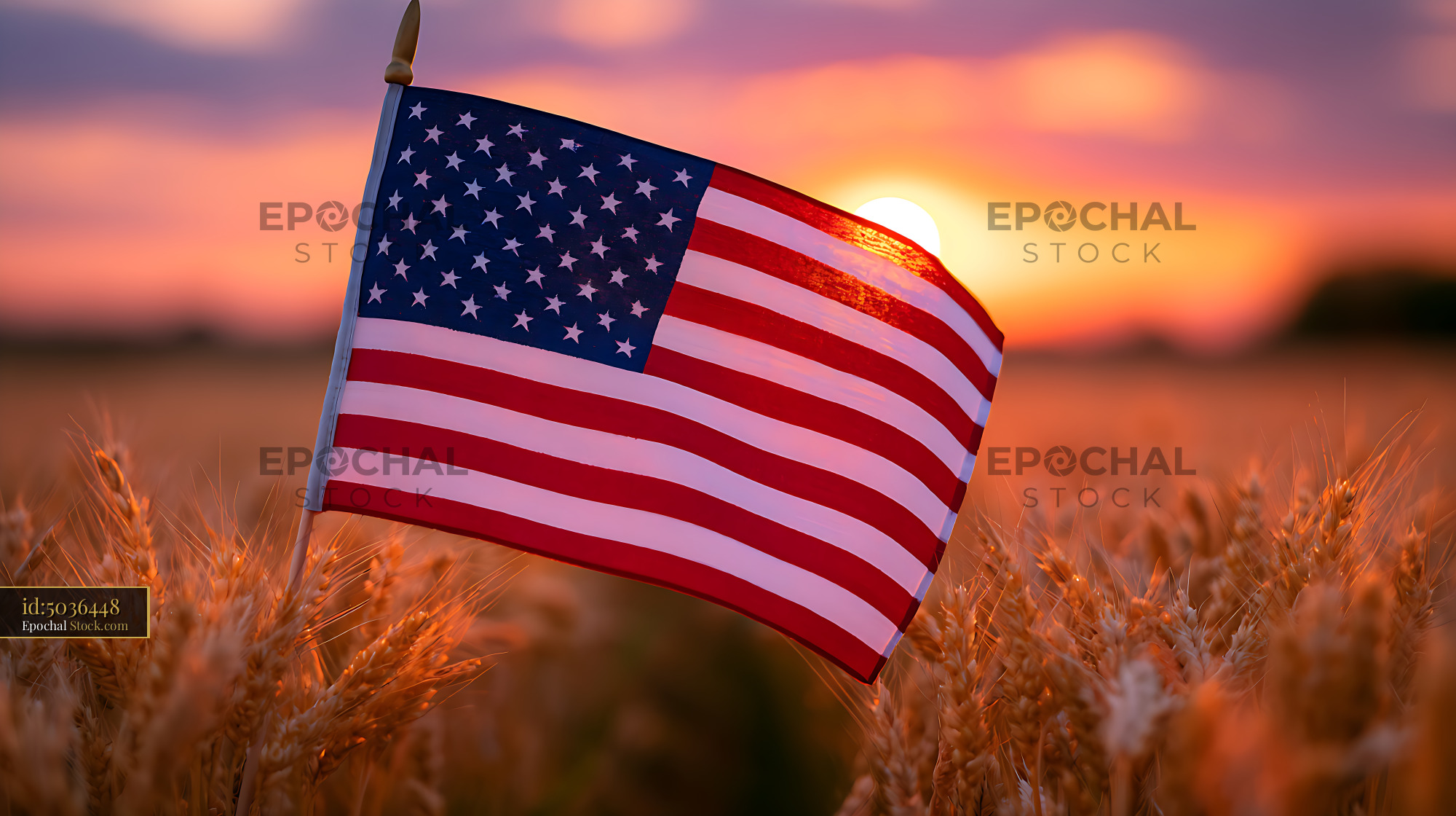 American flag waving in a golden wheat field at sunset - stock photo