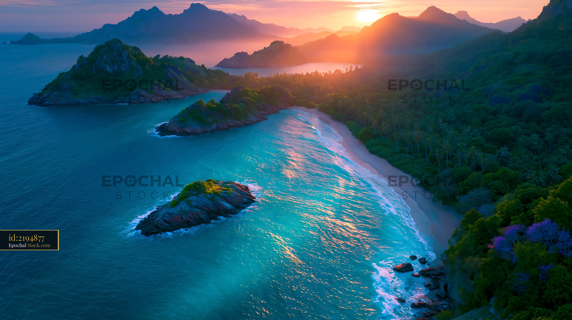 Tropical coastline with a single tree islet at golden sunrise - stock photo