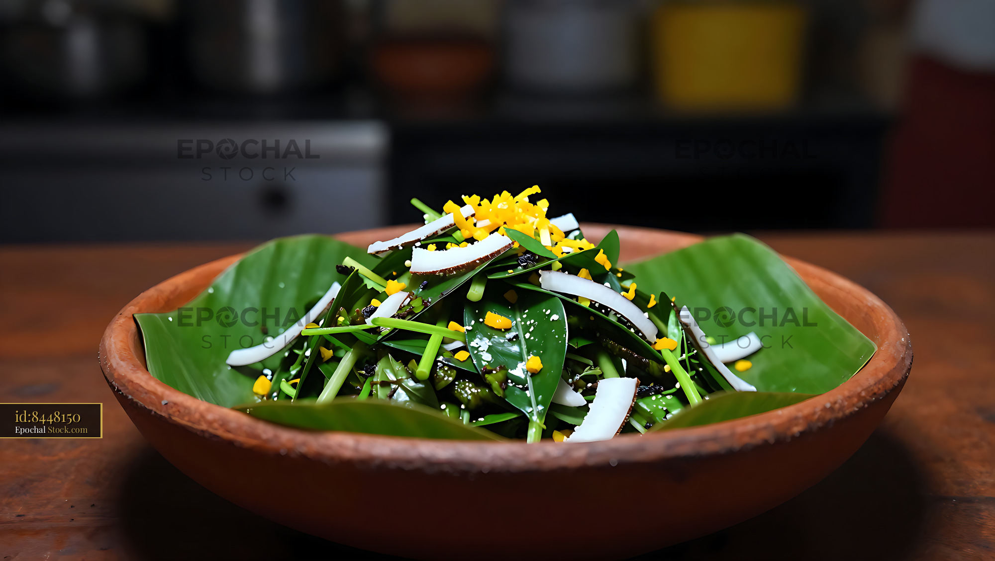 Sri Lankan mallum coconut salad served on a banana leaf in a clay bowl - stock photo
