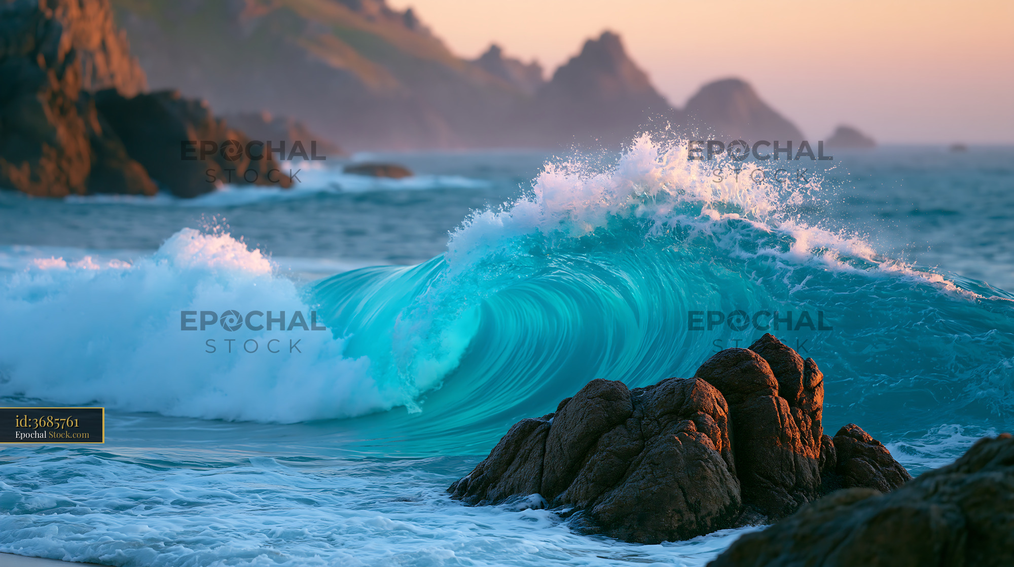 Powerful turquoise ocean wave breaking near rocks at sunset - stock photo