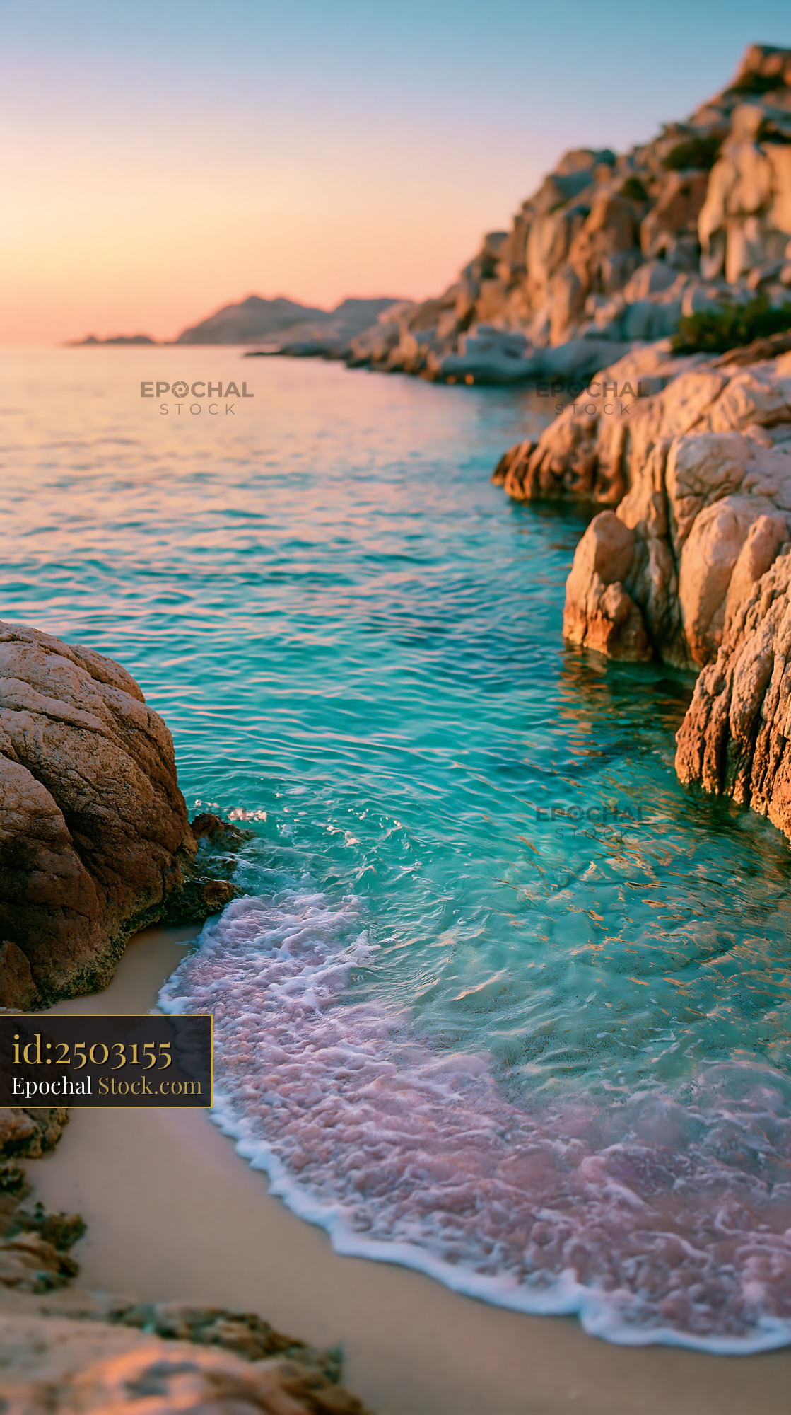 Private white sand yacht access cove with turquoise water at sunset - stock photo