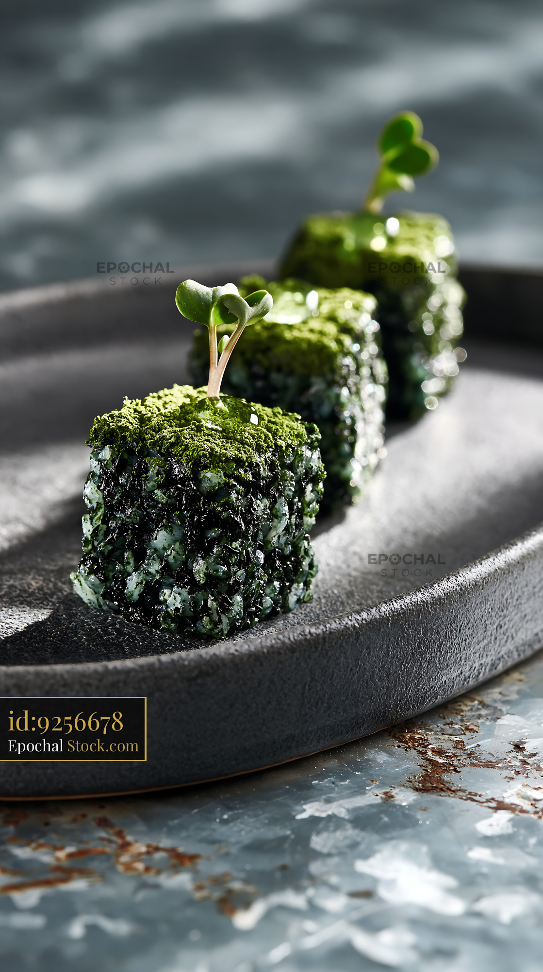 Gourmet spirulina powder sushi cubes with microgreens on dark plate - stock photo