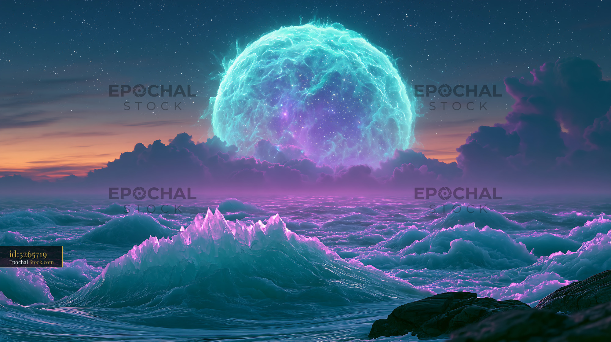 Surreal carpathian winter night with glowing celestial body over icy p - stock photo