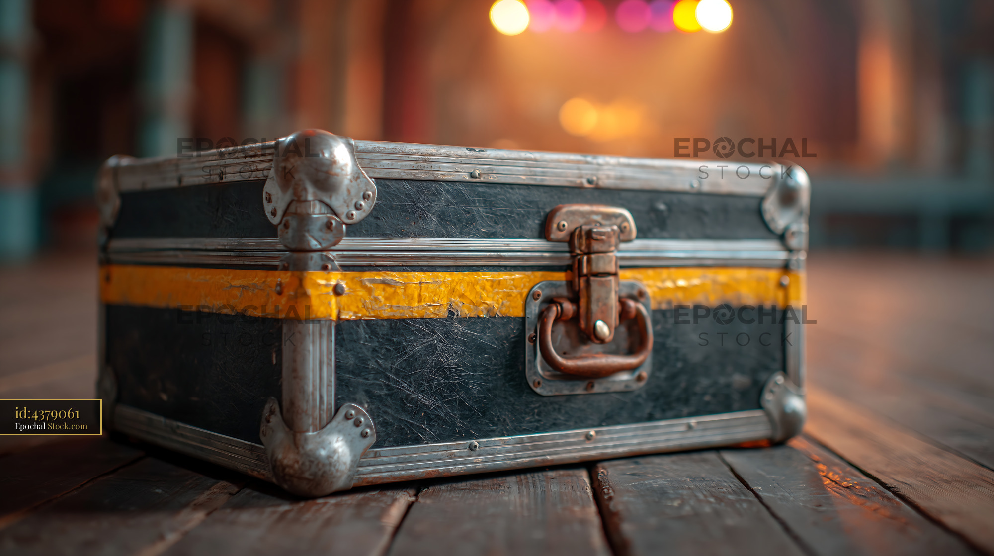 Worn professional road case on a wooden floor at a film festival - stock photo