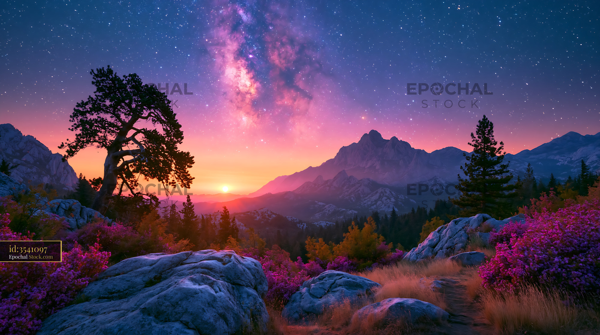 Milky Way over dolomite peak night with pink wildflowers at sunset - stock photo