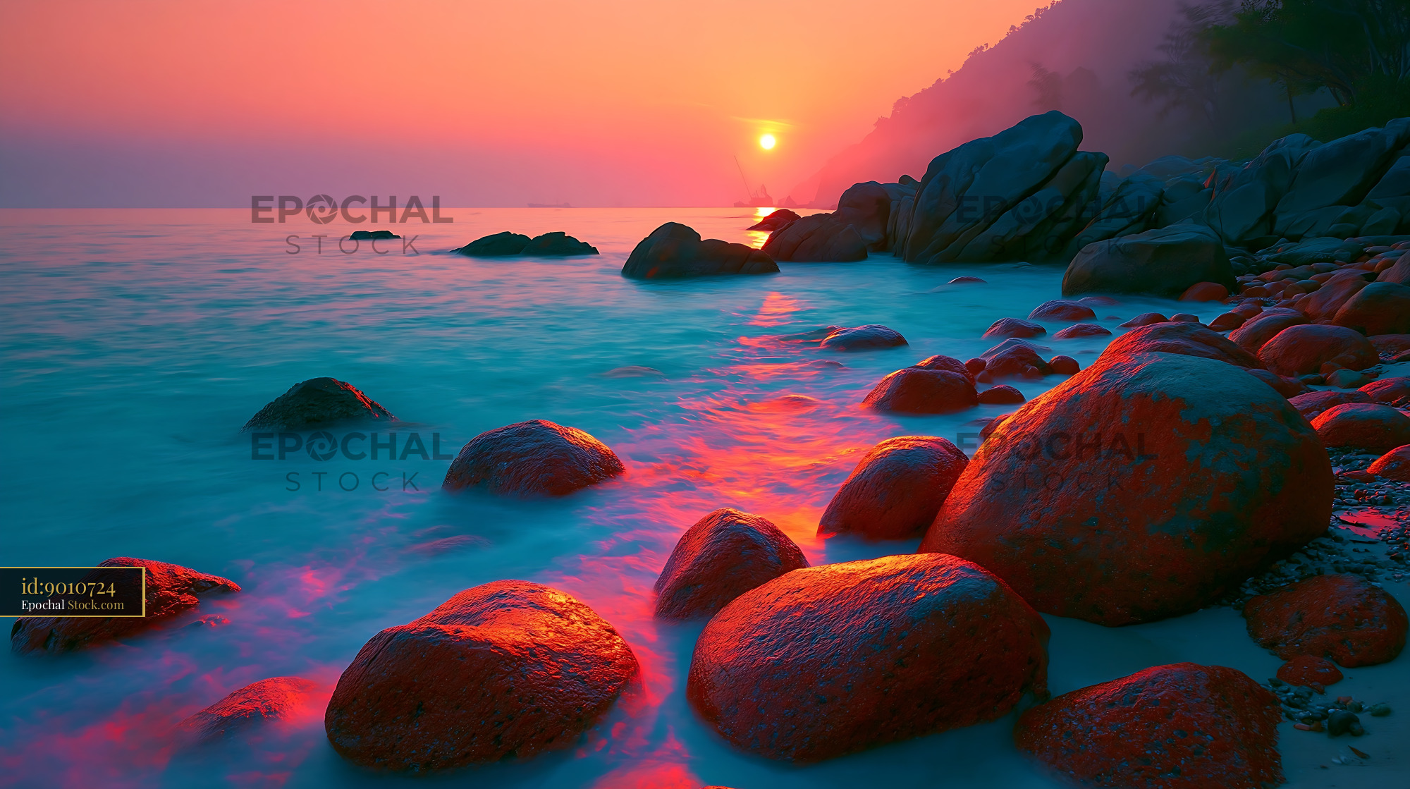 Vibrant sunset over rocky tropical coast with a single tree islet - stock photo