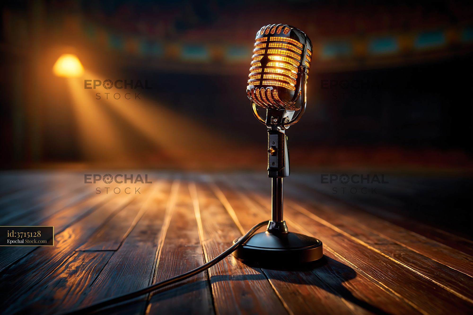 Vintage microphone on a wooden theater stage under warm spotlight - stock photo